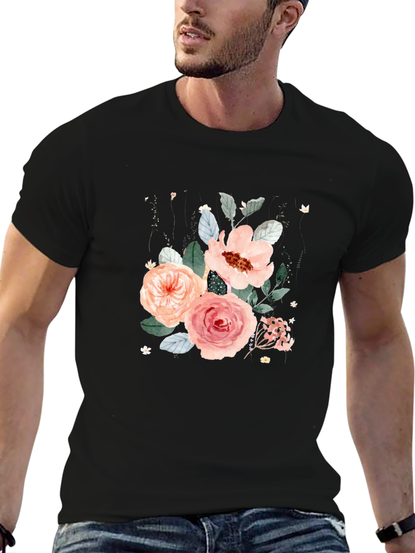 Black Floral Bouquet Black T-Shirt view 6
