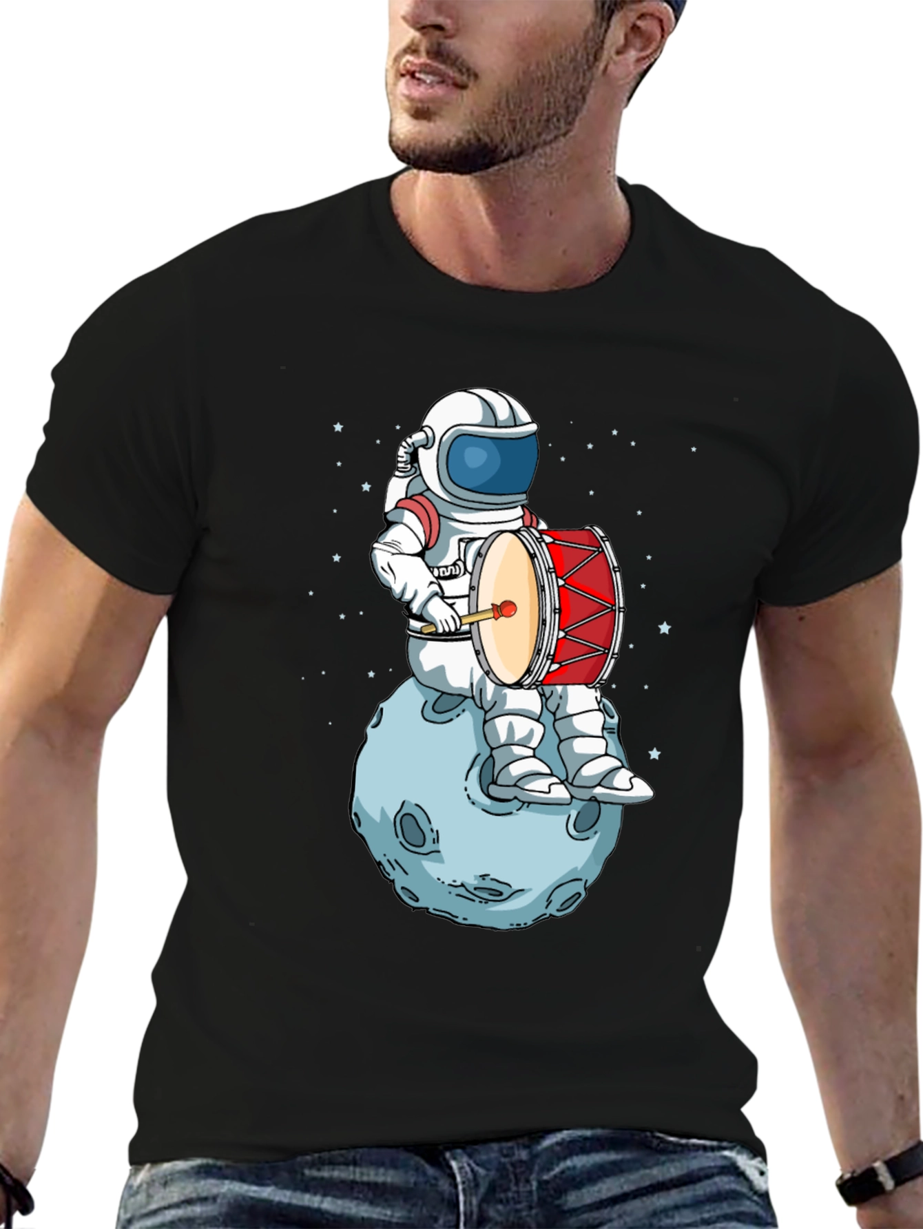 Black Astronaut Drummer T-Shirt - Space Music Tee view 6