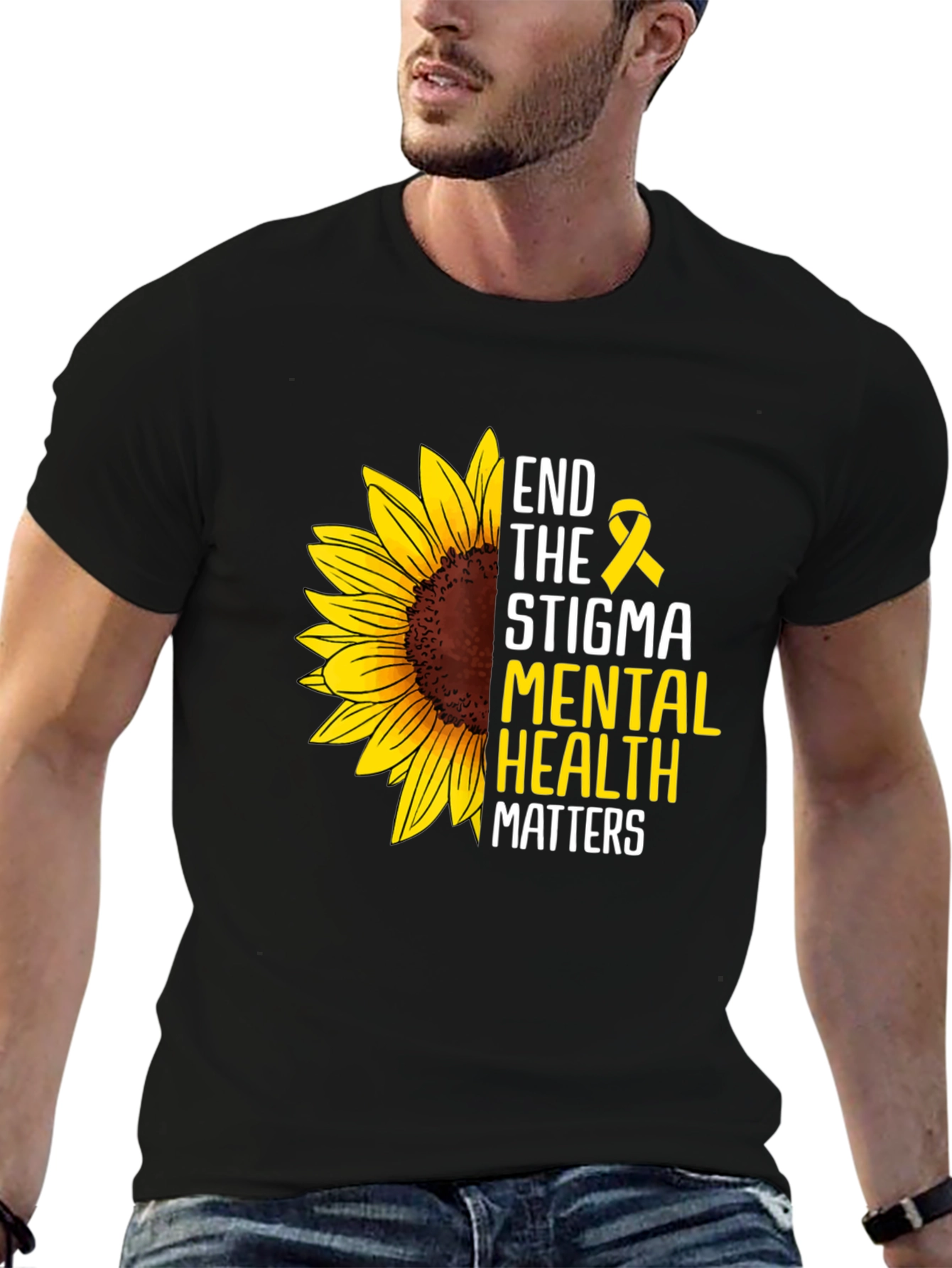Black End the Stigma Mental Health Matters Sunflower T-Shirt view 6