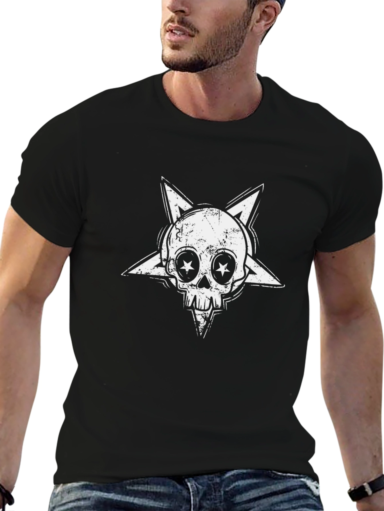 Black Skull Star Graphic Tee - Black Cotton Blend view 6