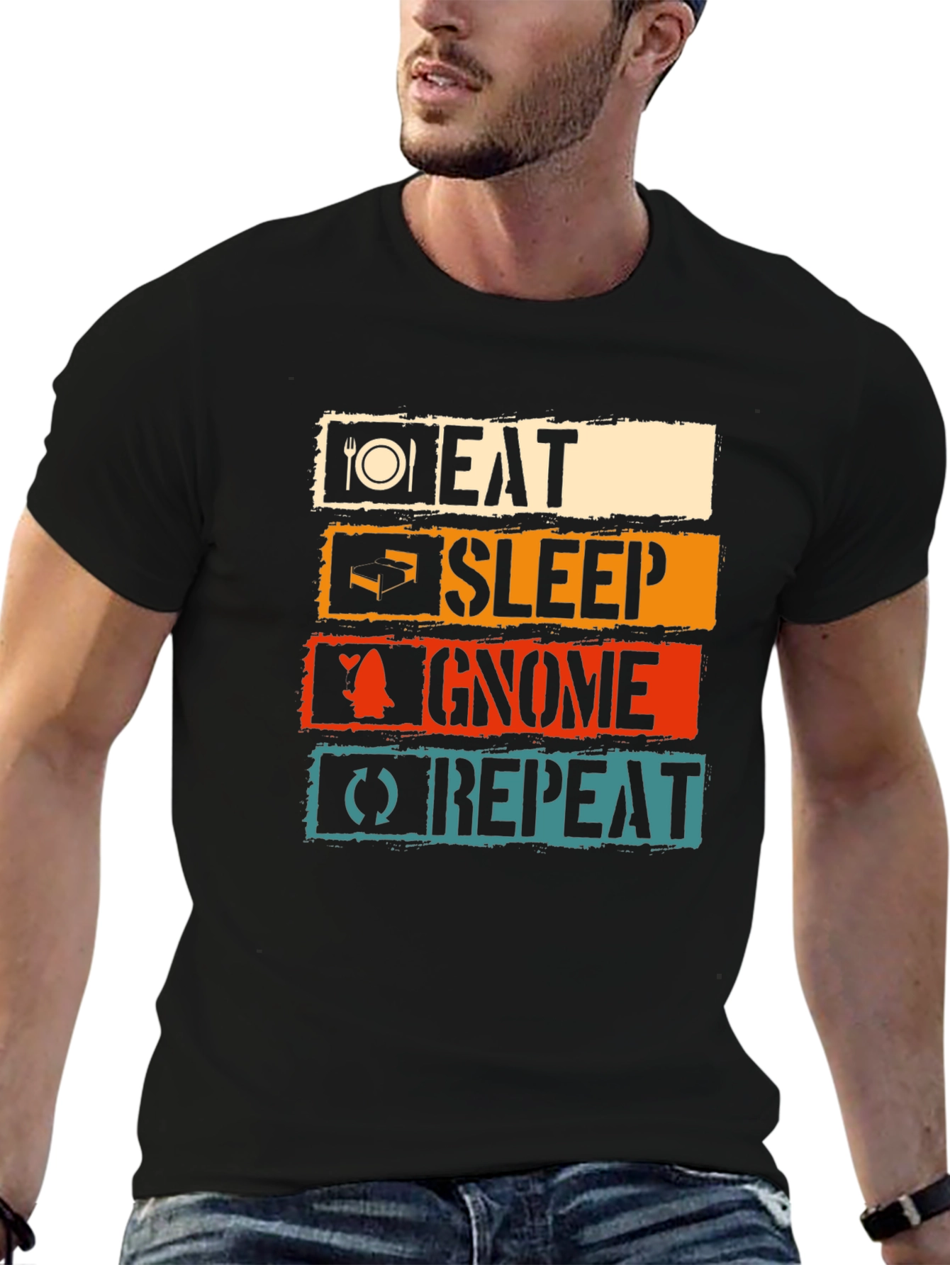 Black Eat Sleep Gnome Repeat Black T-Shirt view 6