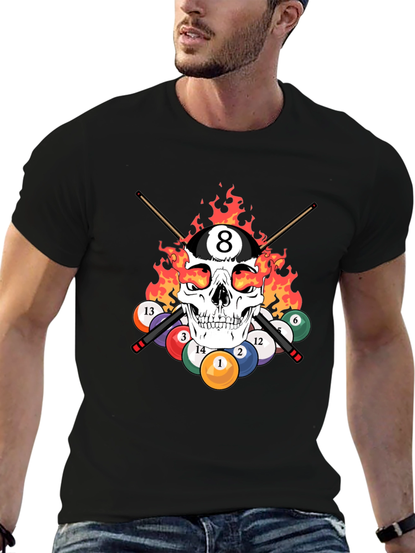 Black Skull 8 Ball Flames T-Shirt - Billiards Graphic Tee view 6