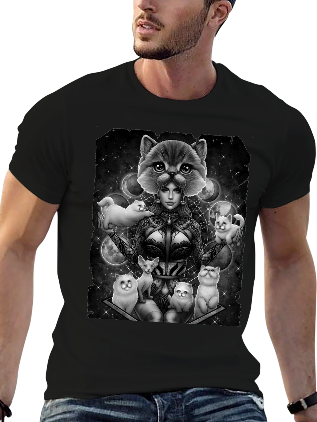 Black Mystic Cat Lady T-Shirt - Unique Graphic Tee view 6