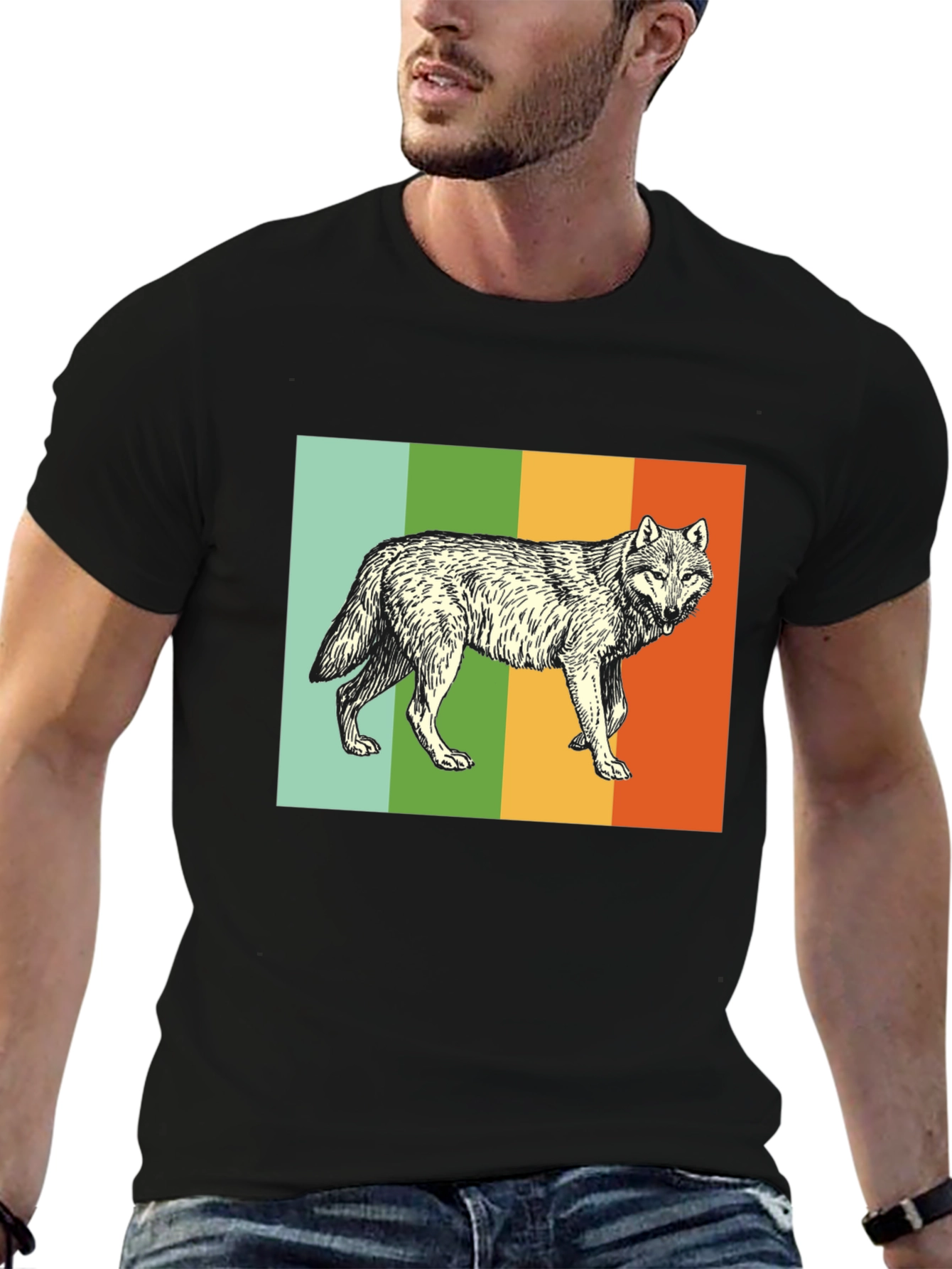 Black Retro Wolf Graphic Tee - Black Cotton Blend T-Shirt view 6