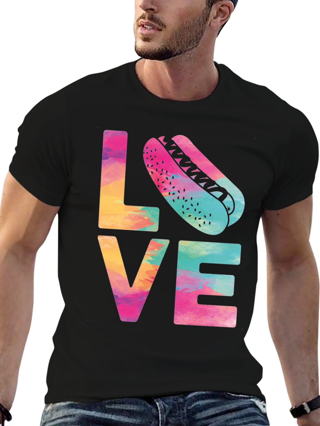 Black Colorful Love Hotdog T-Shirt - Fun & Casual Tee view 6