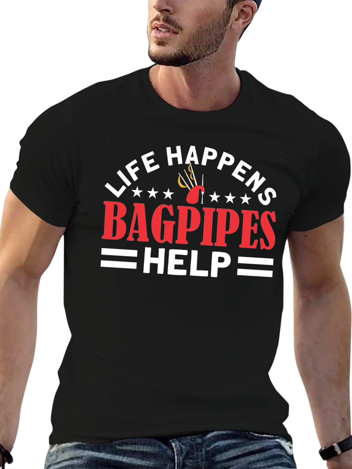 Black Life Happens Bagpipes Help T-Shirt view 6