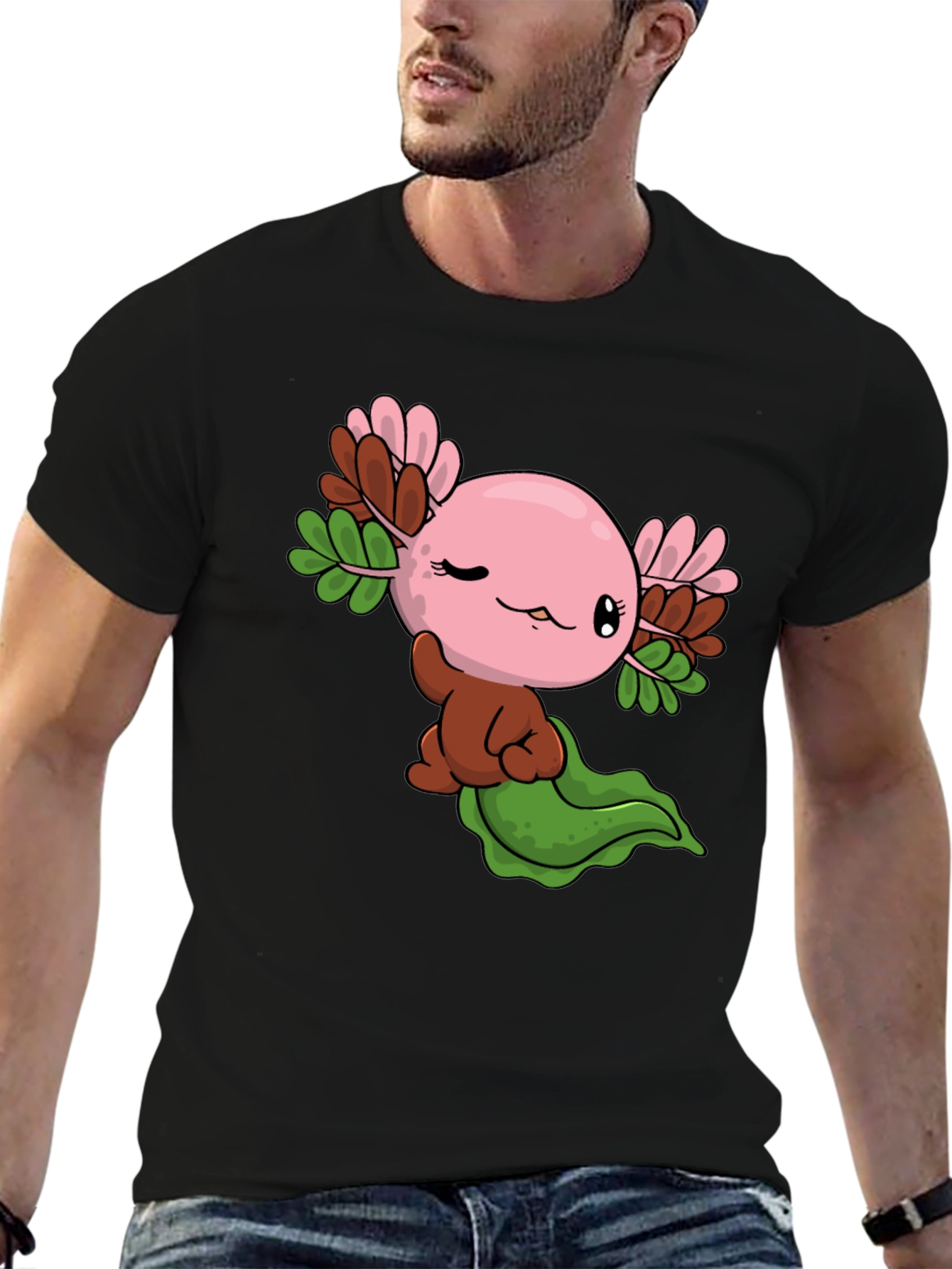 Black Cute Axolotl Cartoon Black T-Shirt view 6