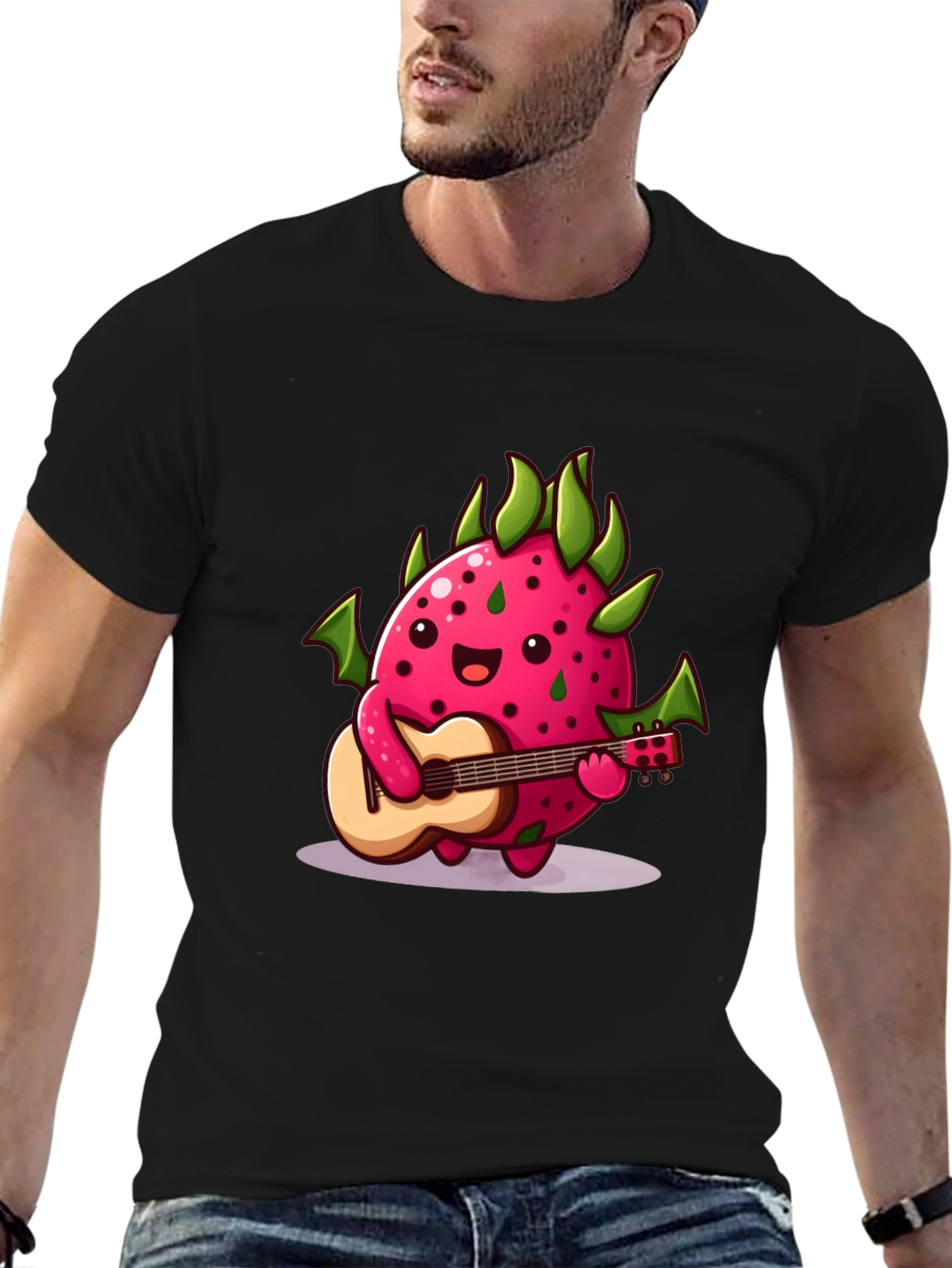 Black Cartoon Dragon Fruit Playing Guitar Black T-Shirt view 6