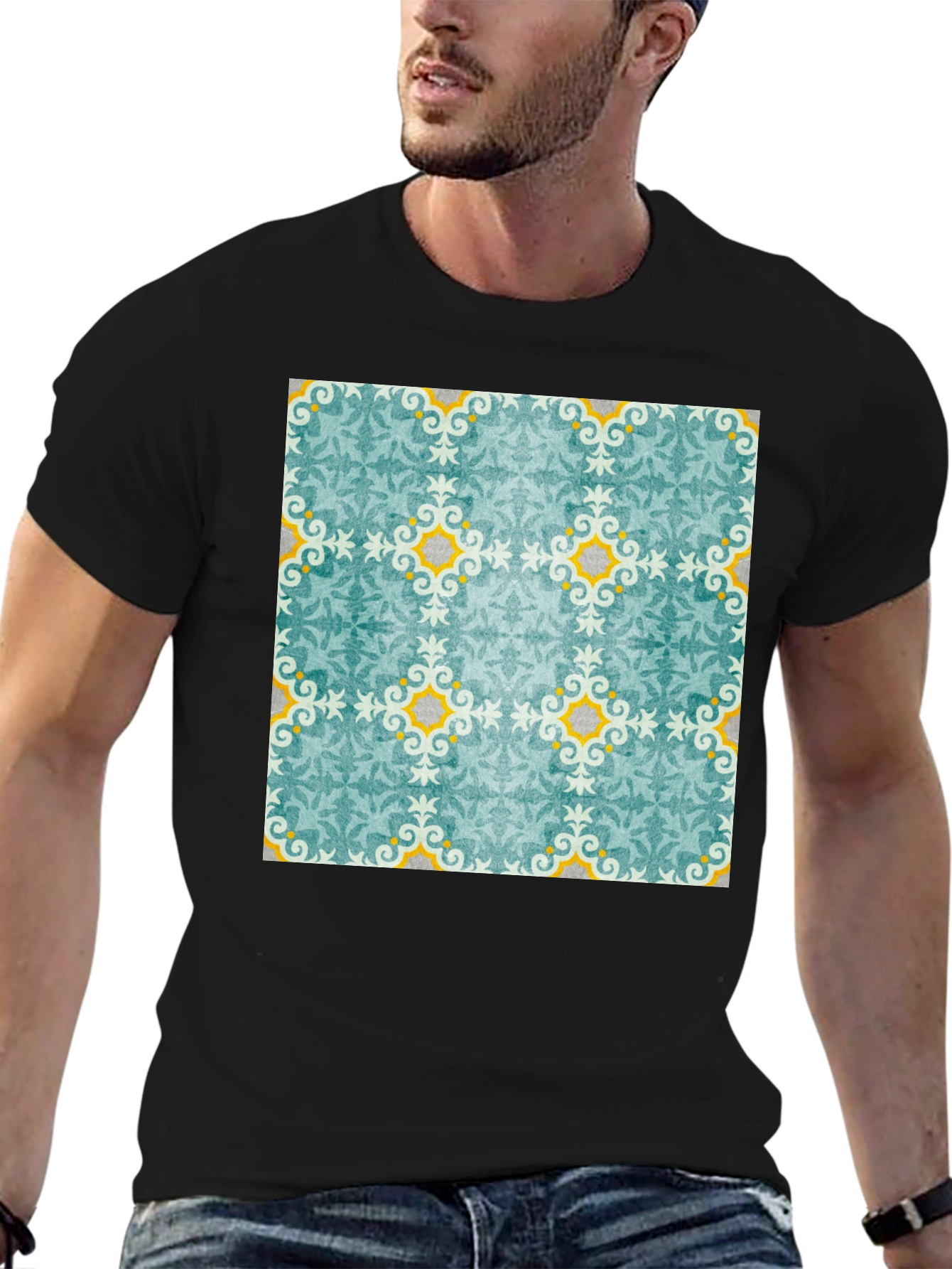 Black Patterned Crew Neck T-Shirt view 6