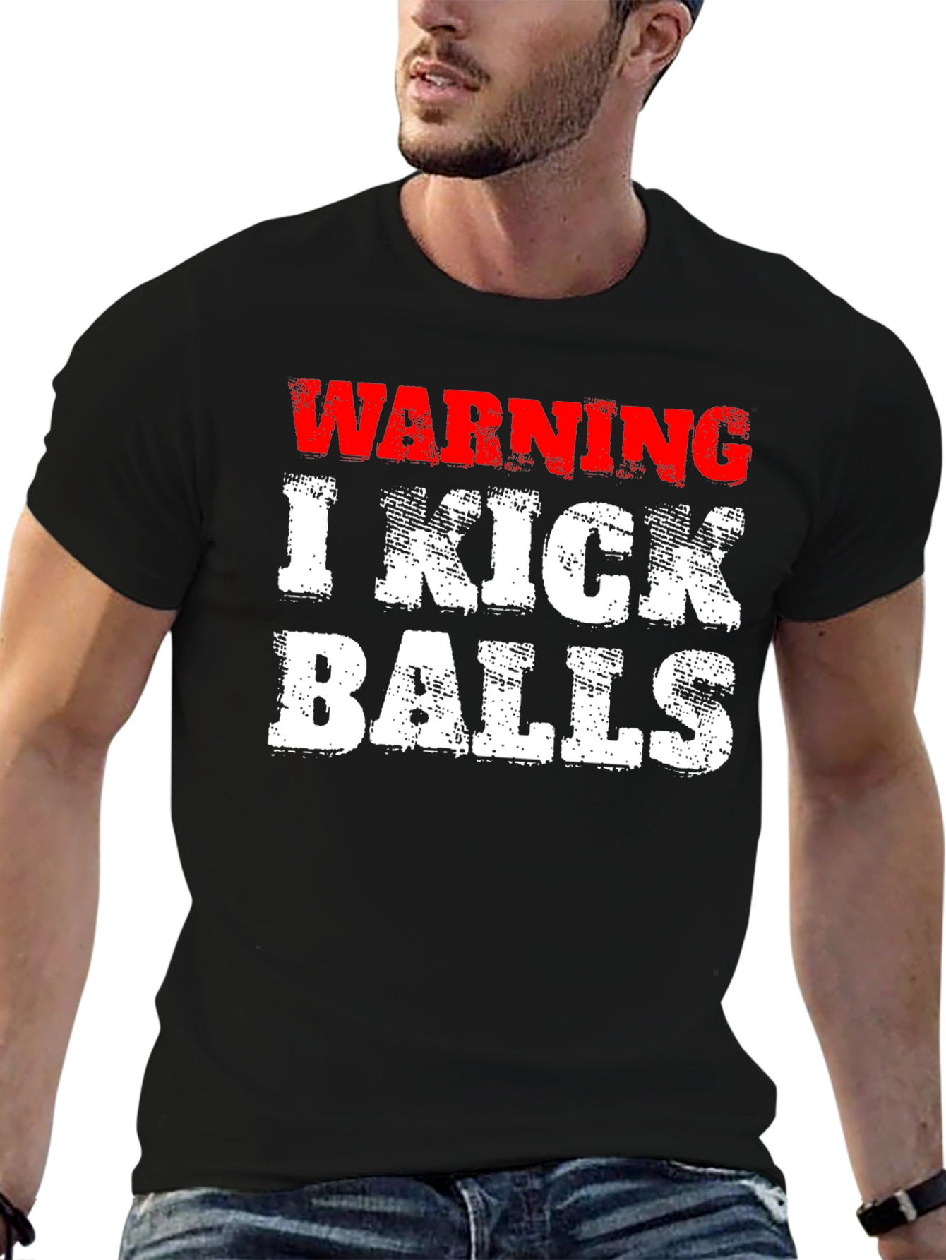 Black Warning: I Kick Balls Funny T-Shirt view 6