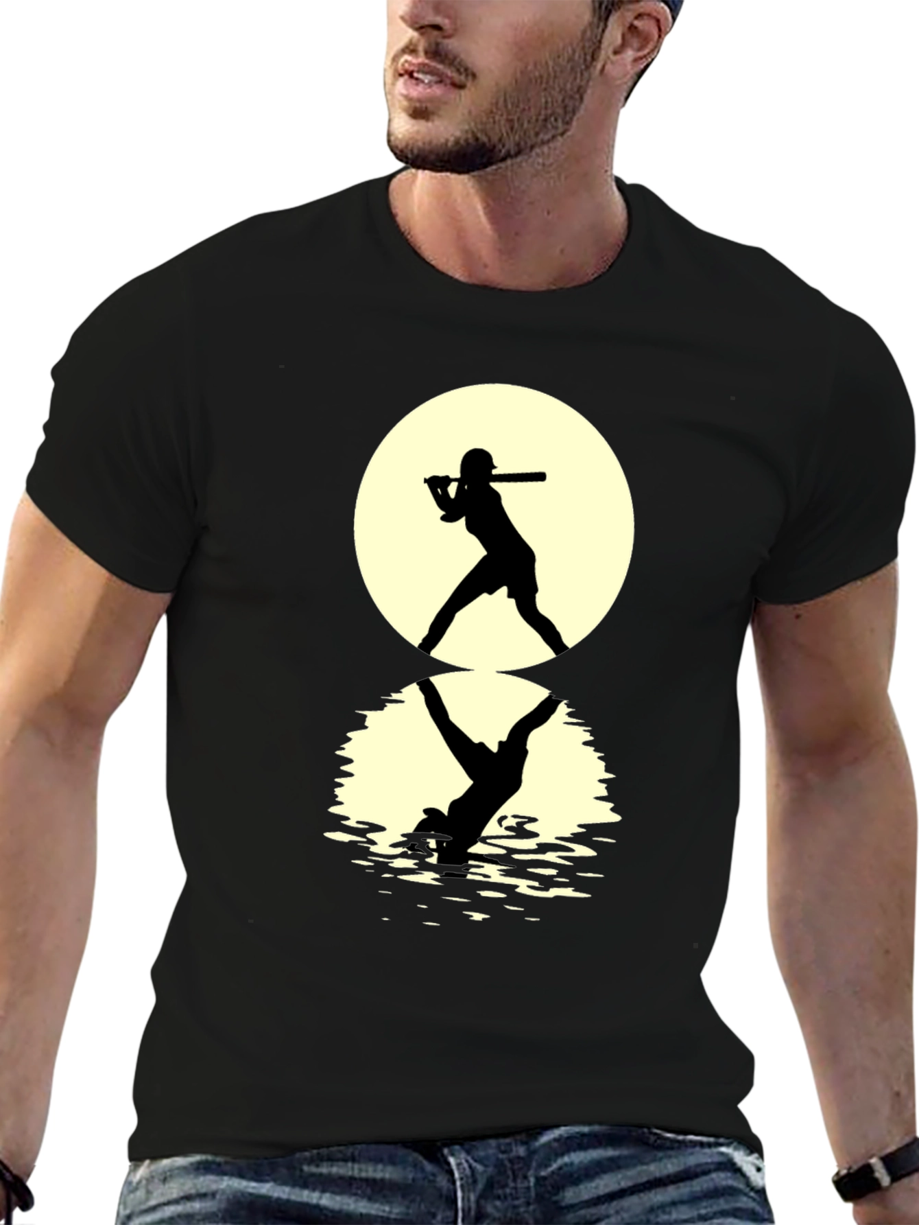 Black Baseball Silhouette T-Shirt: Moonlit Reflection Tee view 6