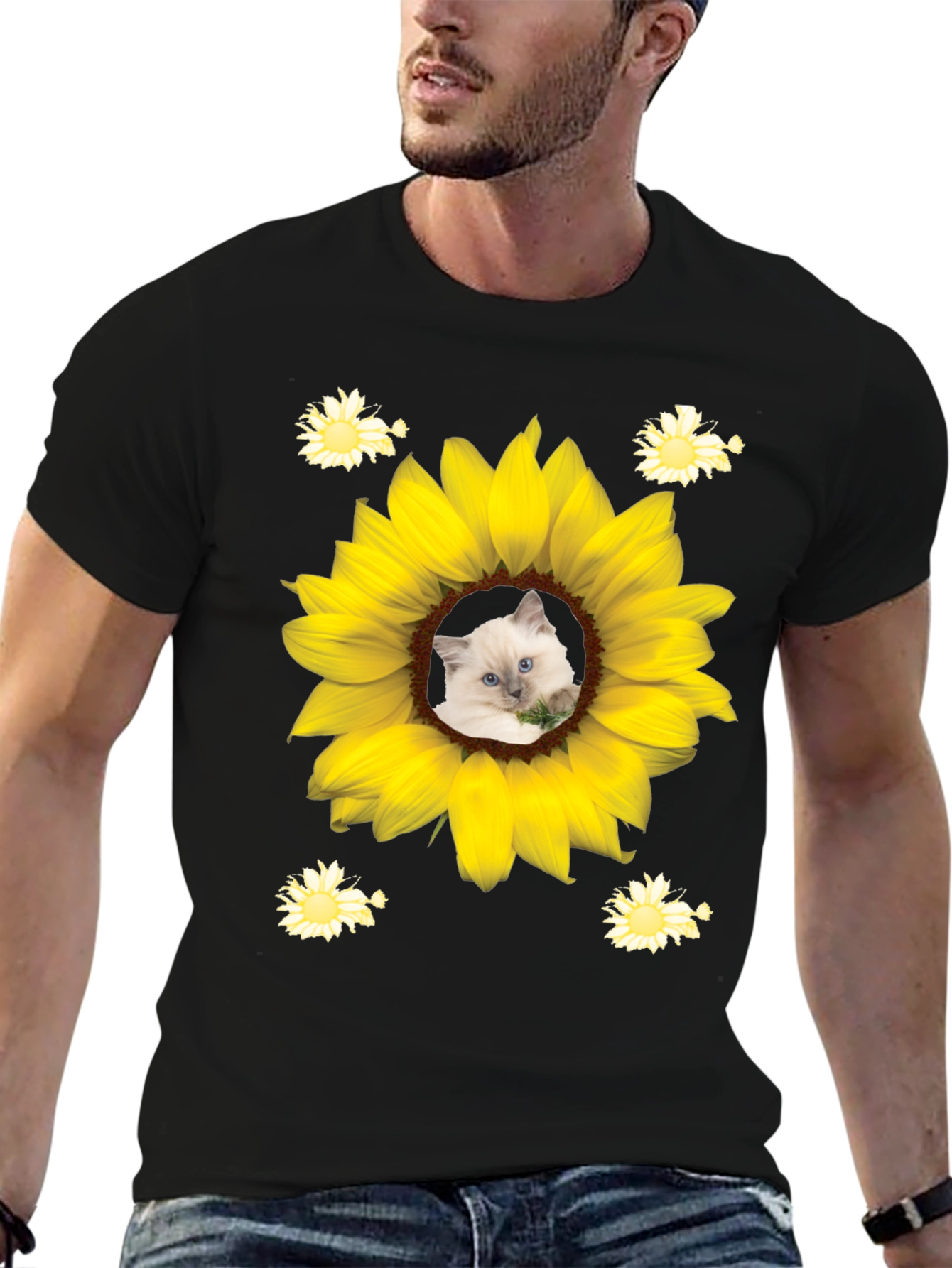 Black Sunflower Cat T-Shirt - Unique Graphic Tee view 6