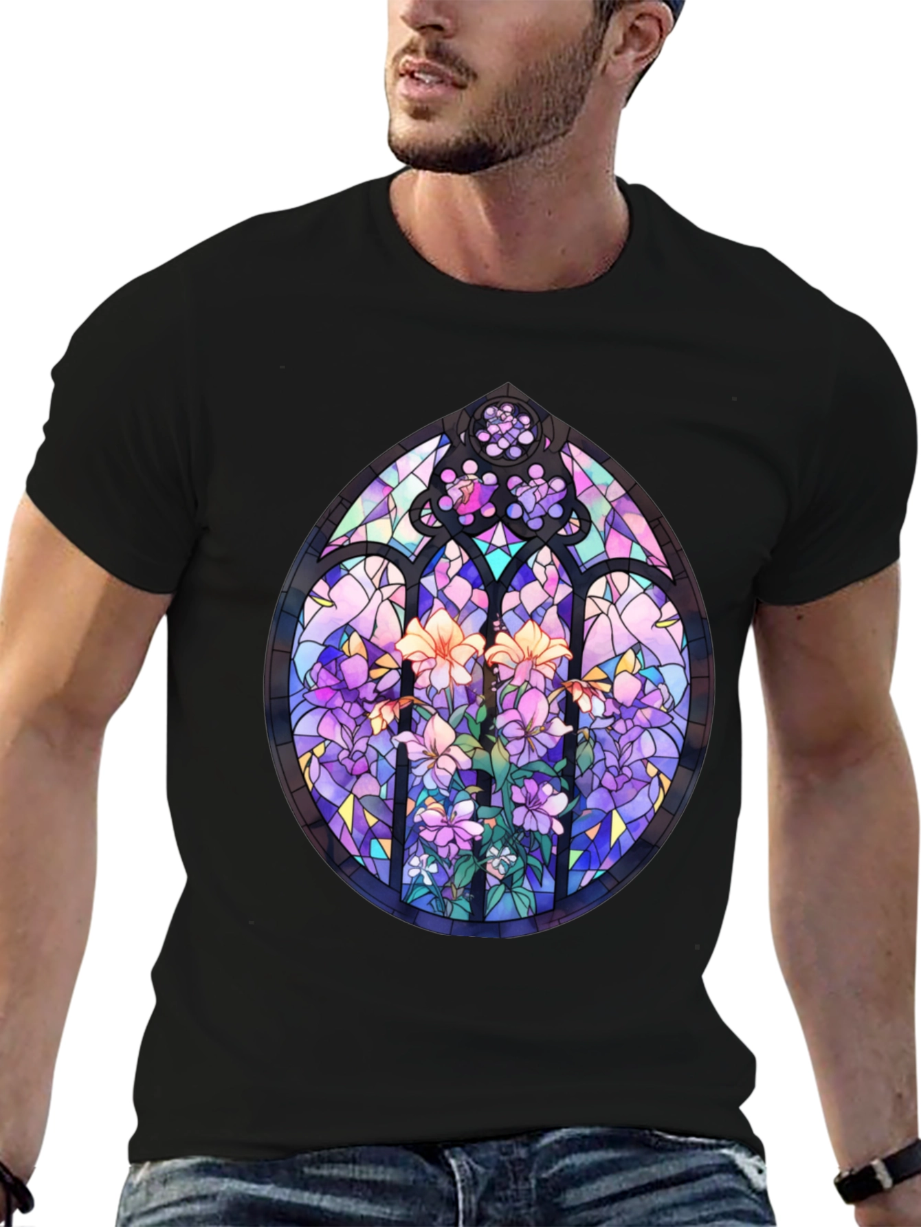 Black Stained Glass Floral T-Shirt - Artistic Men's Tee view 6