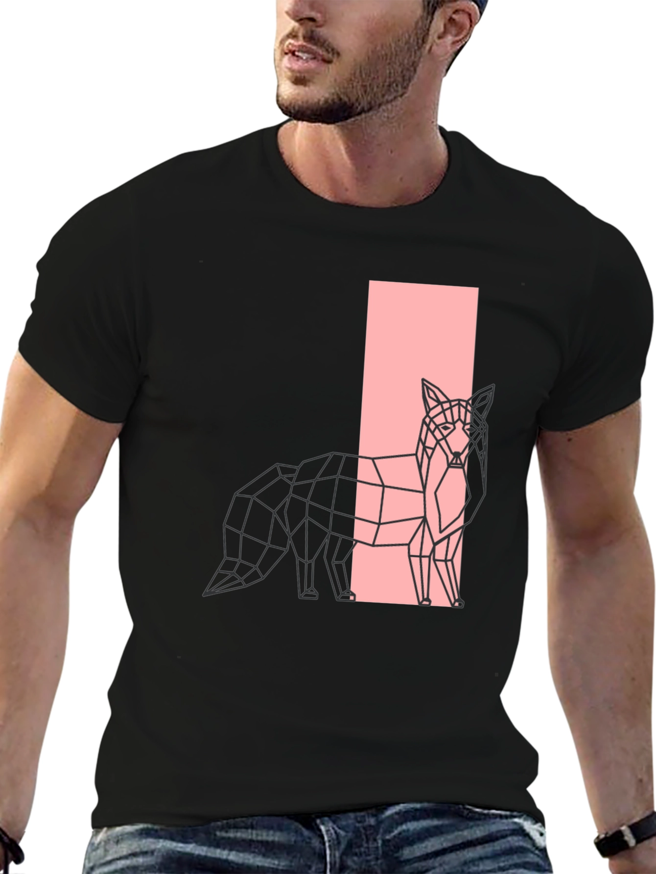 Black Geometric Fox Graphic Black T-Shirt view 6