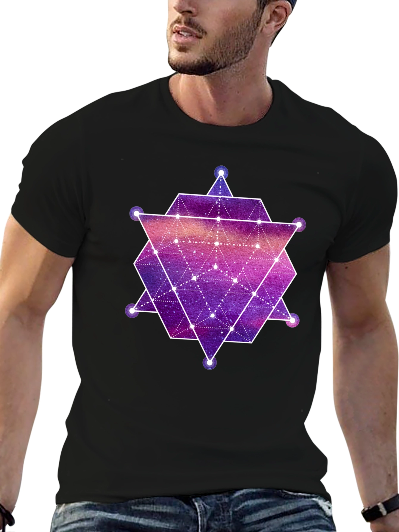 Black Geometric Galaxy Print Black T-Shirt view 6