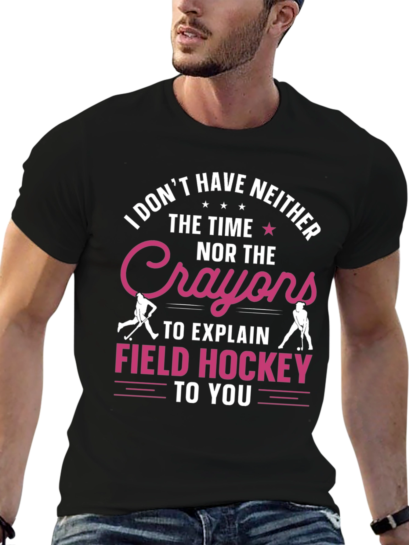 Black Funny Field Hockey T-Shirt - No Time, No Crayons view 6