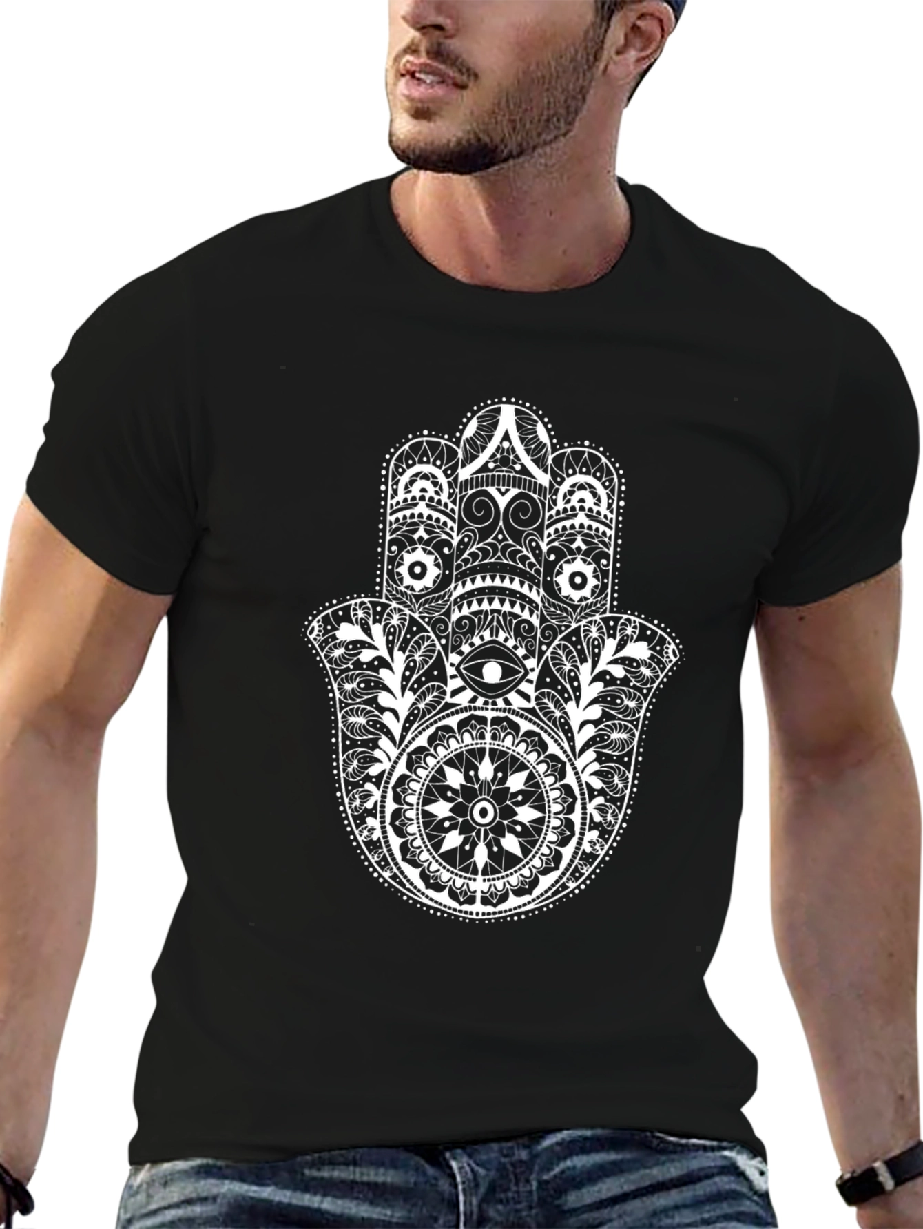 Black Black Hamsa Hand Graphic Print Men's T-Shirt view 6