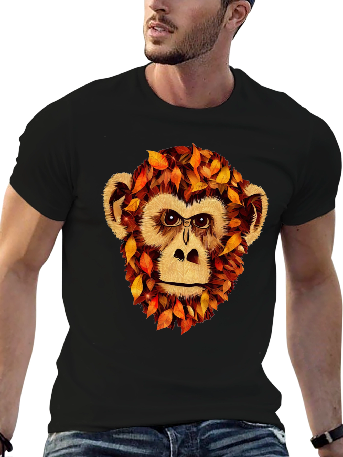 Black Autumn Monkey Graphic T-Shirt - Unique Fall Apparel view 6
