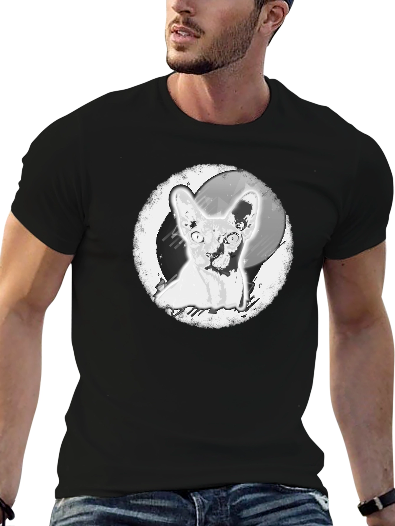 Black Sphynx Cat Graphic Print Black T-Shirt view 6