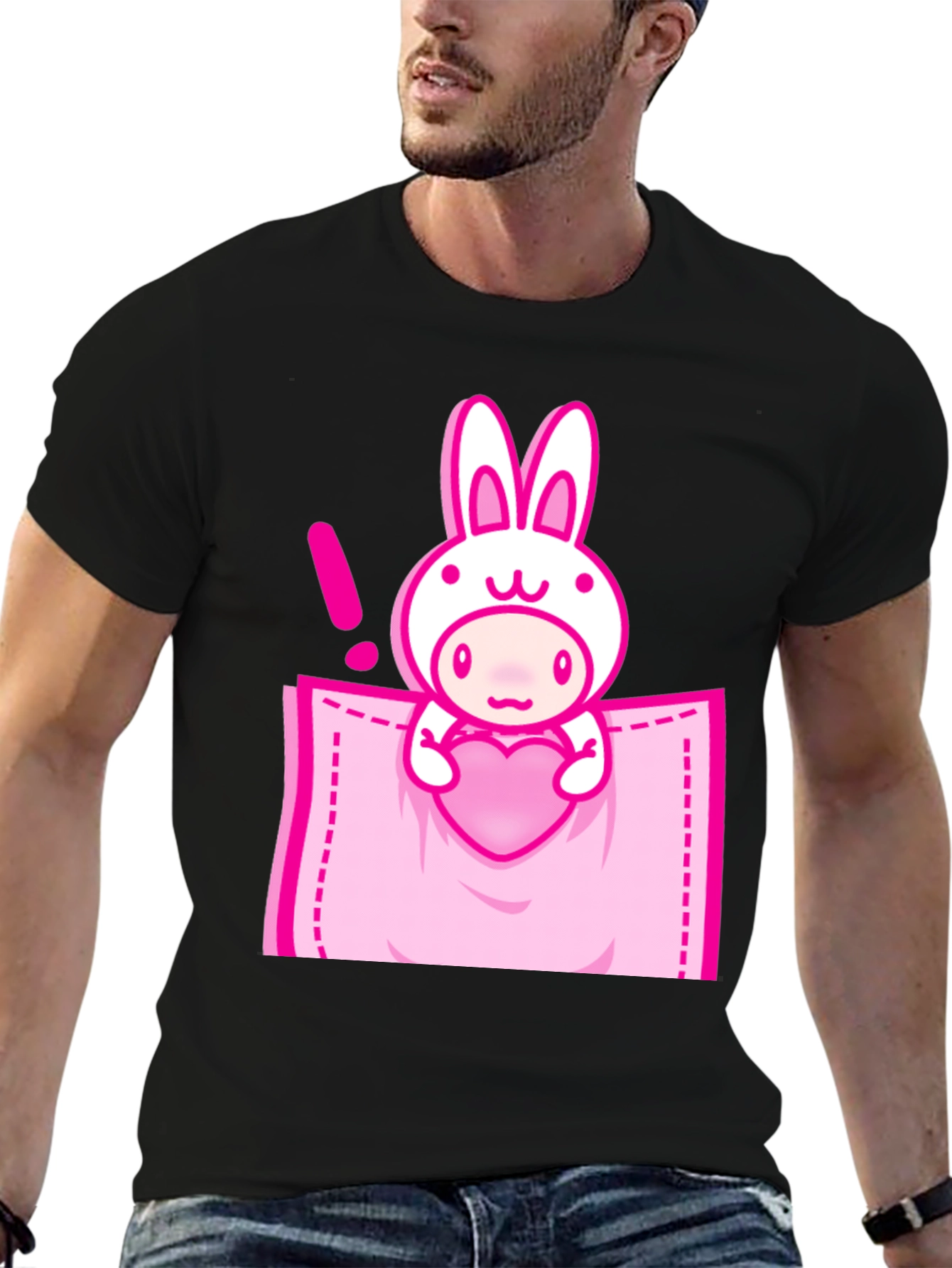 Black Cute Cartoon Rabbit Pocket T-Shirt view 6