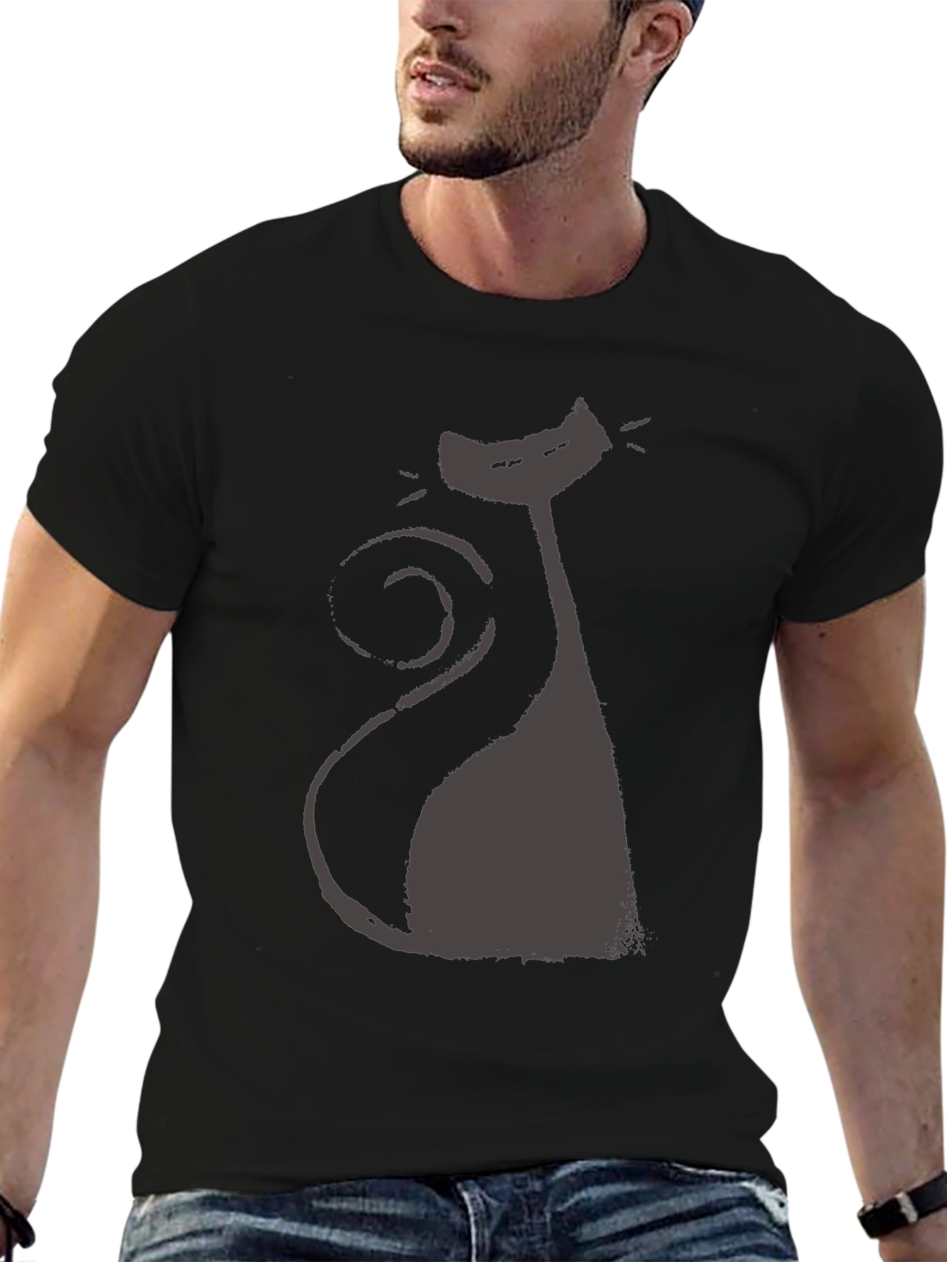 Black Retro Cat Silhouette Tee - Black Cotton Blend view 6