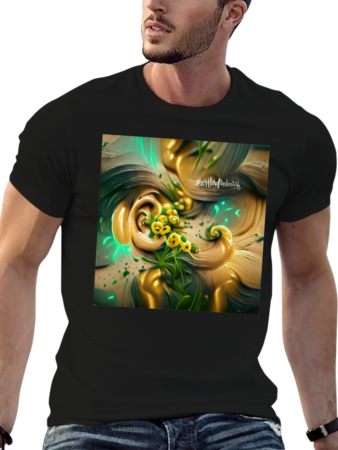 Black Black T-Shirt with Artistic Floral Design view 6