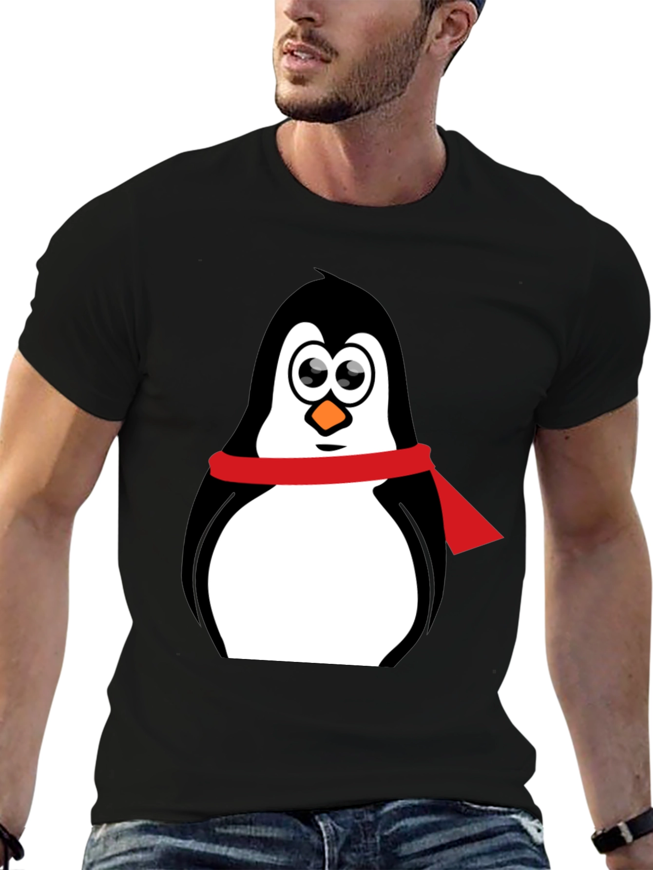 Black Penguin Graphic Tee - Cartoon Penguin with Scarf view 6