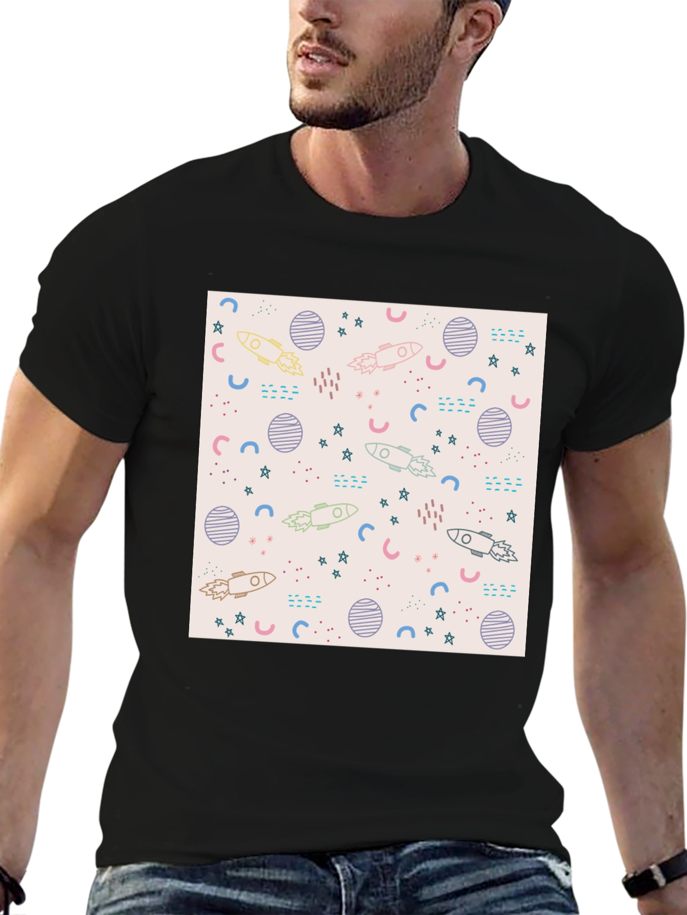 Galaxy Rocket Print Black T-Shirt - 6