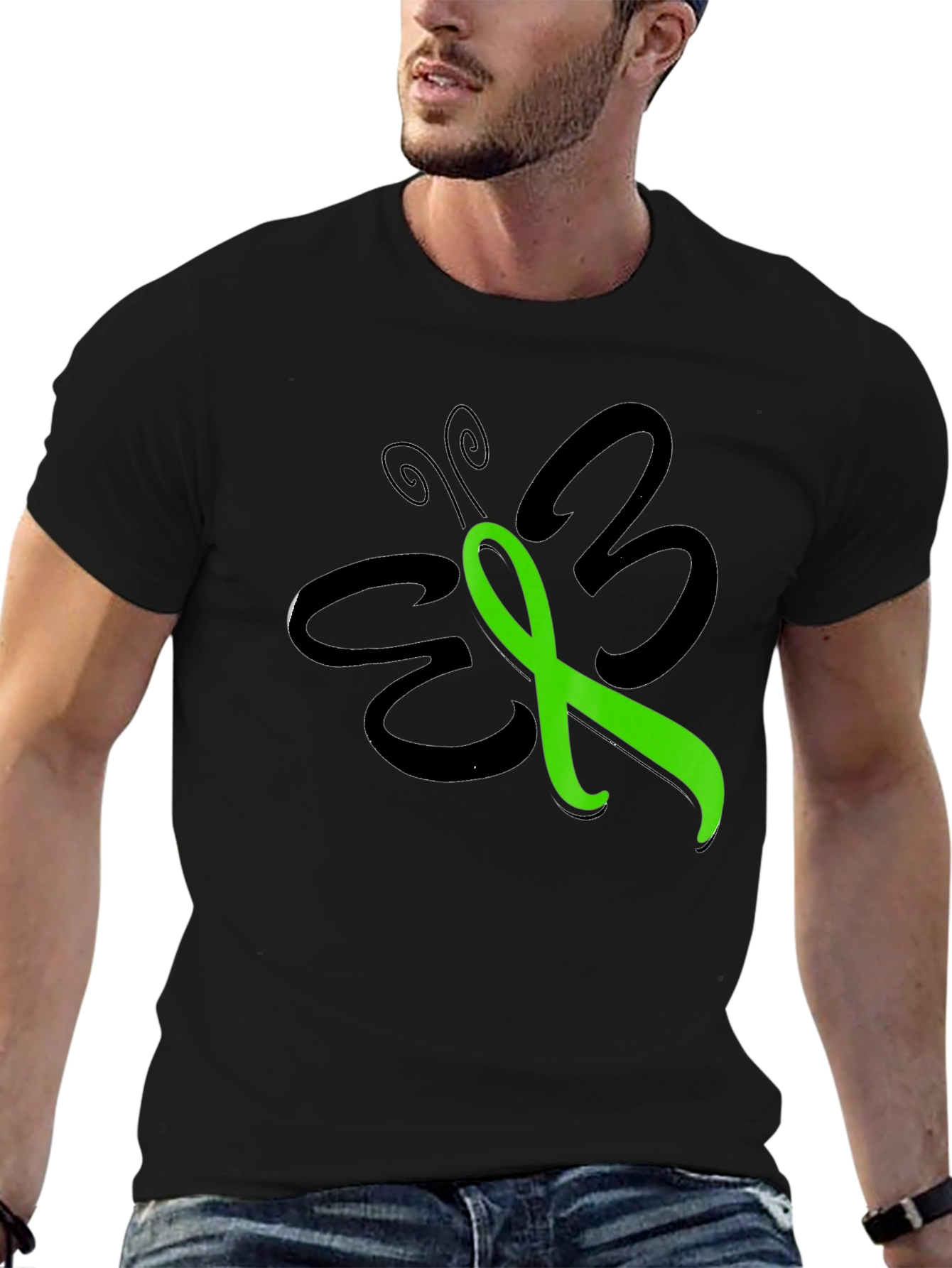 Black Green Ribbon Butterfly T-Shirt - Awareness Support view 6