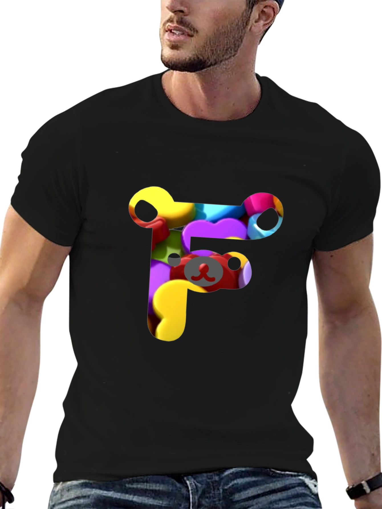 Black Colorful F Letter Bear T-Shirt view 6