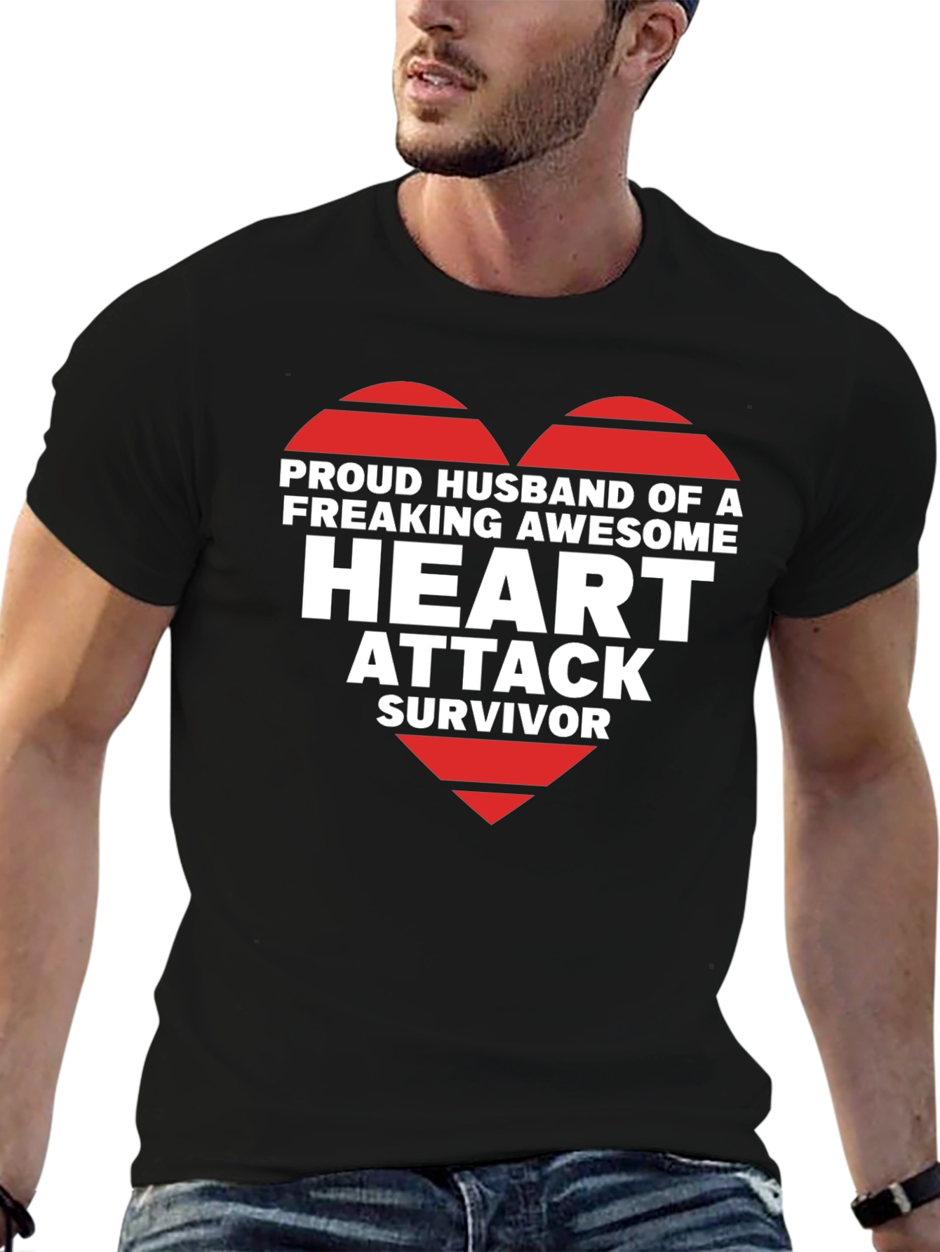 Black Proud Husband Heart Attack Survivor Graphic Tee view 6