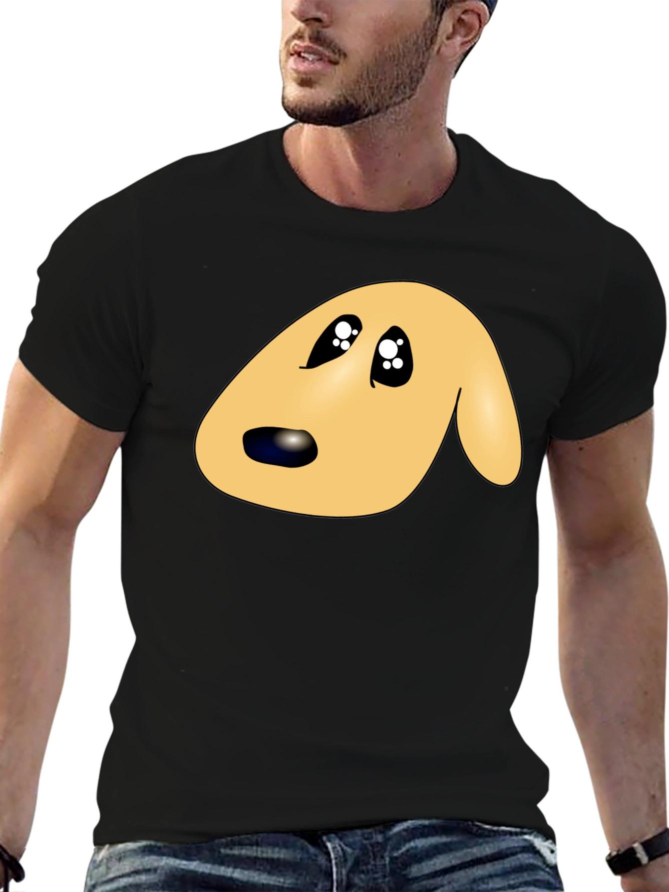 Black Cute Cartoon Dog Face Black T-Shirt view 6