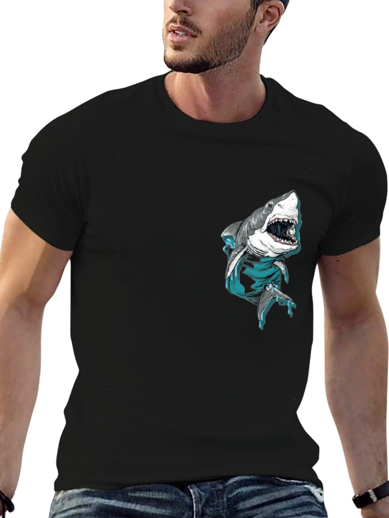 Black Shark Pocket Graphic Tee - Cool Men's Black T-Shirt view 6