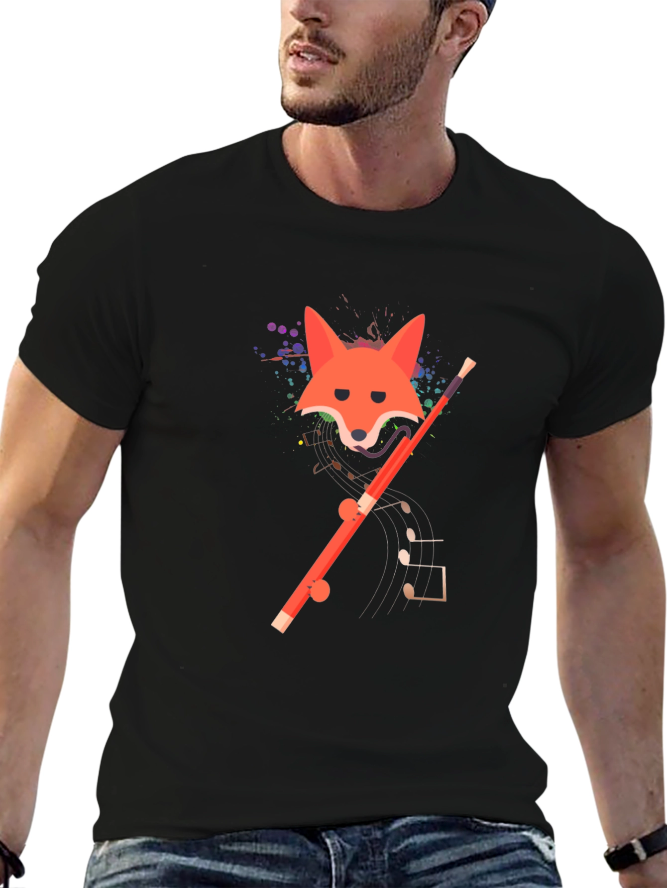 Black Fox and Flute Graphic Tee - Unique Design view 6