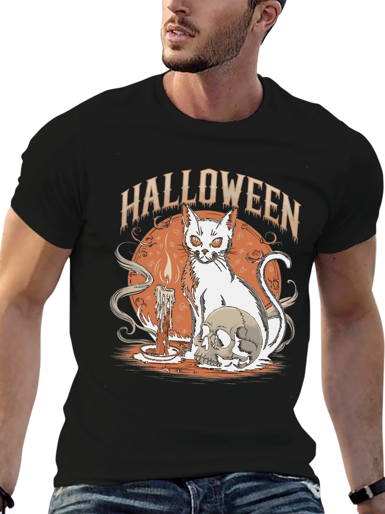 Black Halloween Cat & Skull Graphic Tee view 6