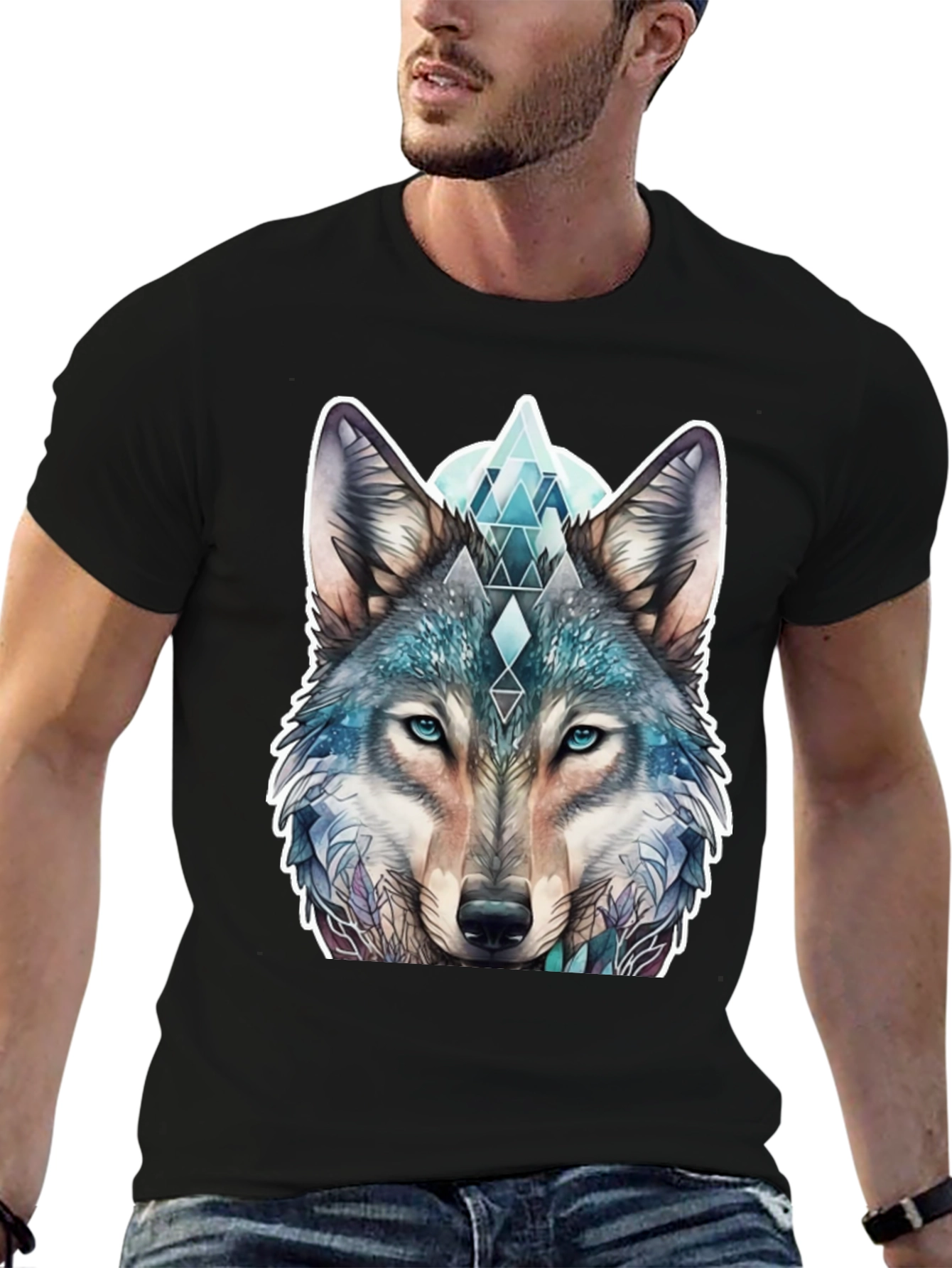 Black Geometric Wolf Graphic Tee - Stylish Animal Print Shirt view 6