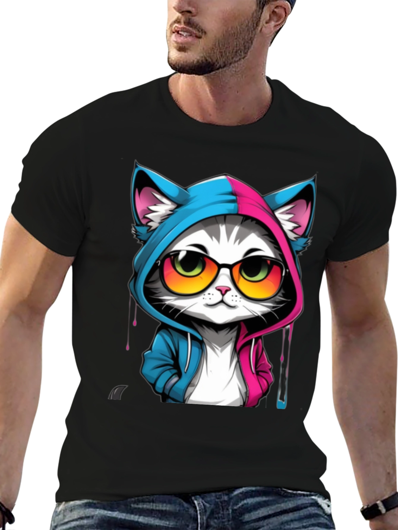 Black Cool Cat Graphic Tee - Unisex Black T-Shirt view 6