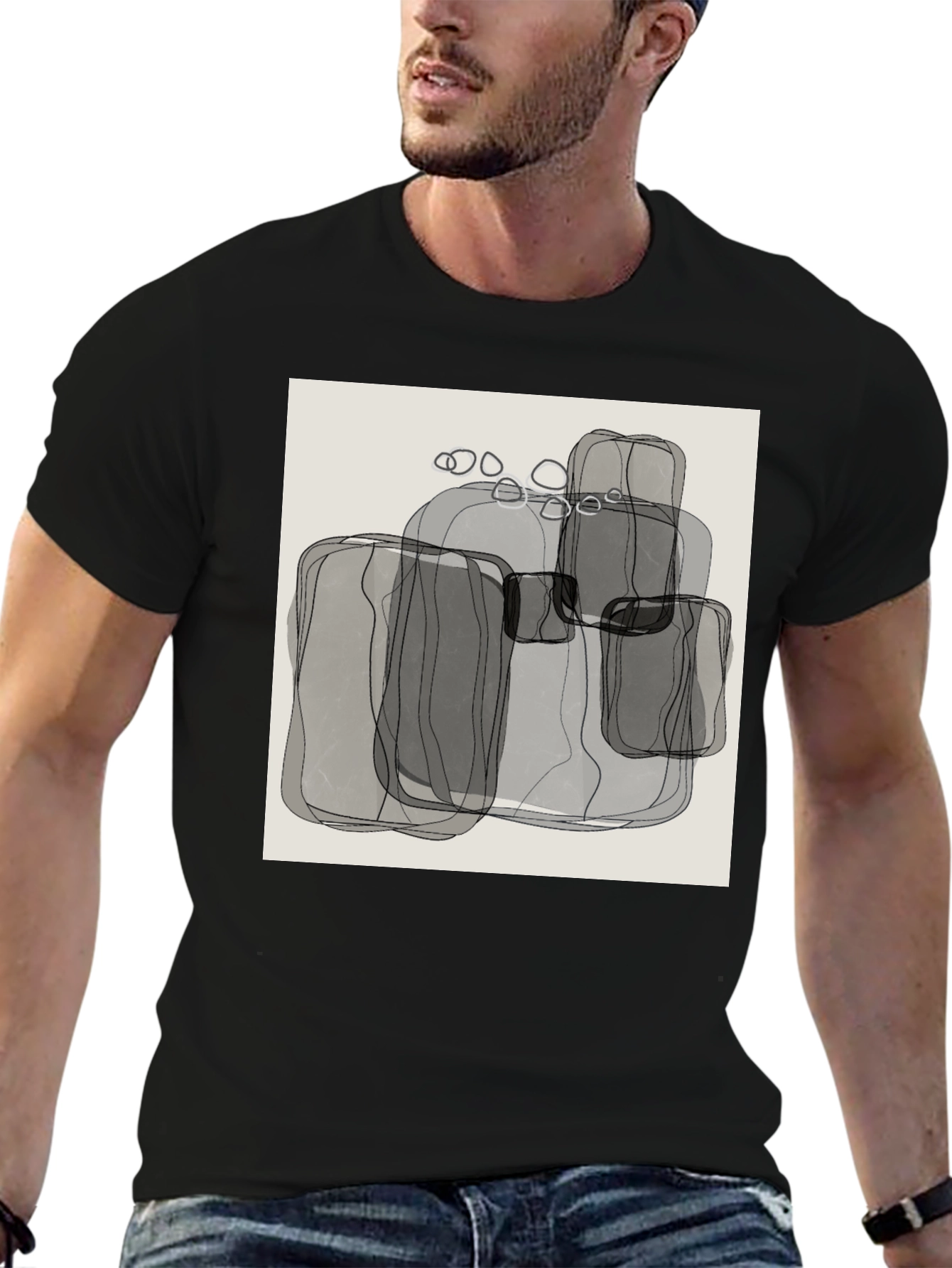 Black Abstract Gray Block Print Men's Black T-Shirt view 6