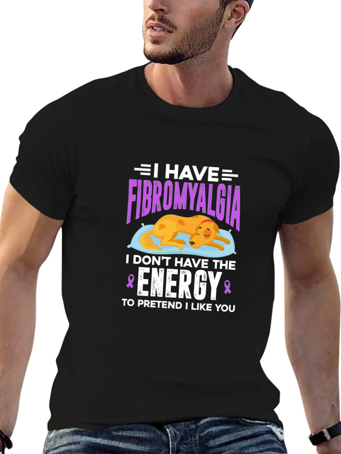 Black Fibromyalgia Awareness T-Shirt: Dog Design view 6