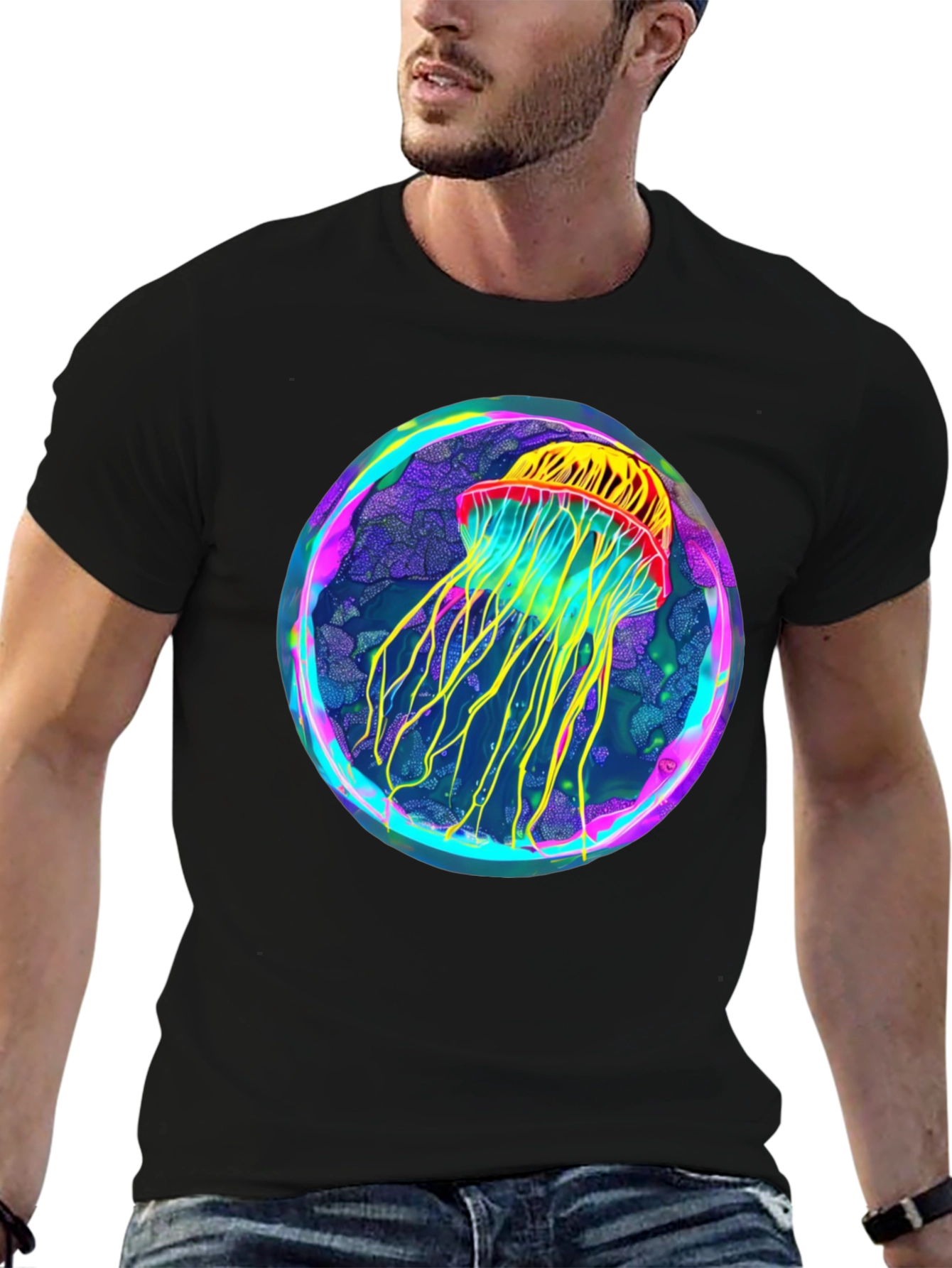 Black Neon Jellyfish Graphic Black Tee view 6