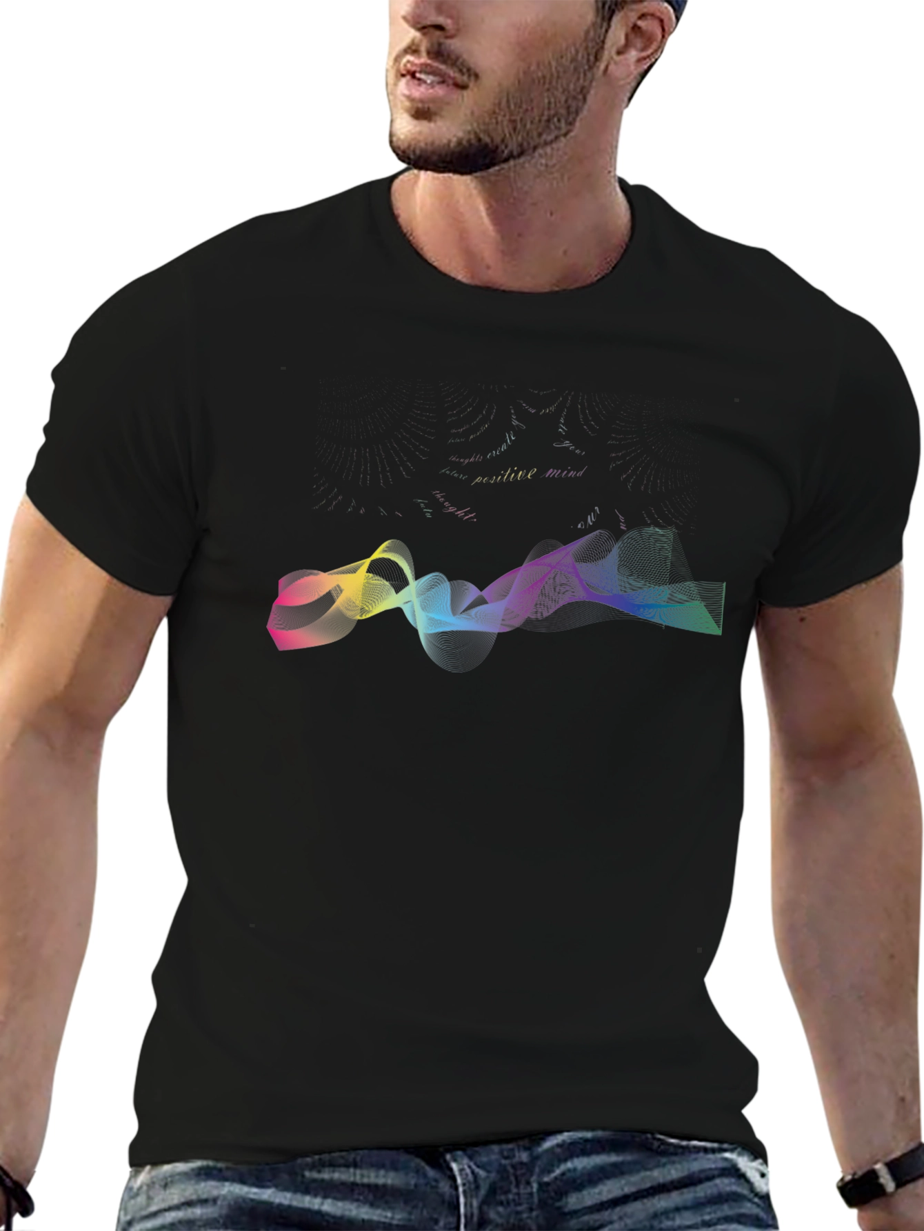 Black Vibrant Wave Graphic Black T-Shirt view 6