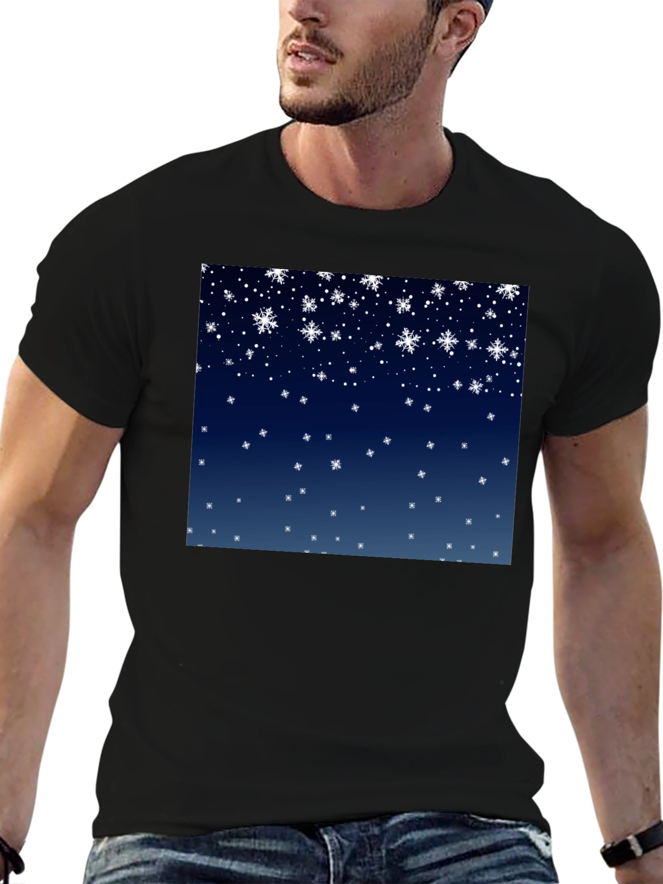 Black Snowflake Pattern T-Shirt - Winter Holiday Apparel view 6