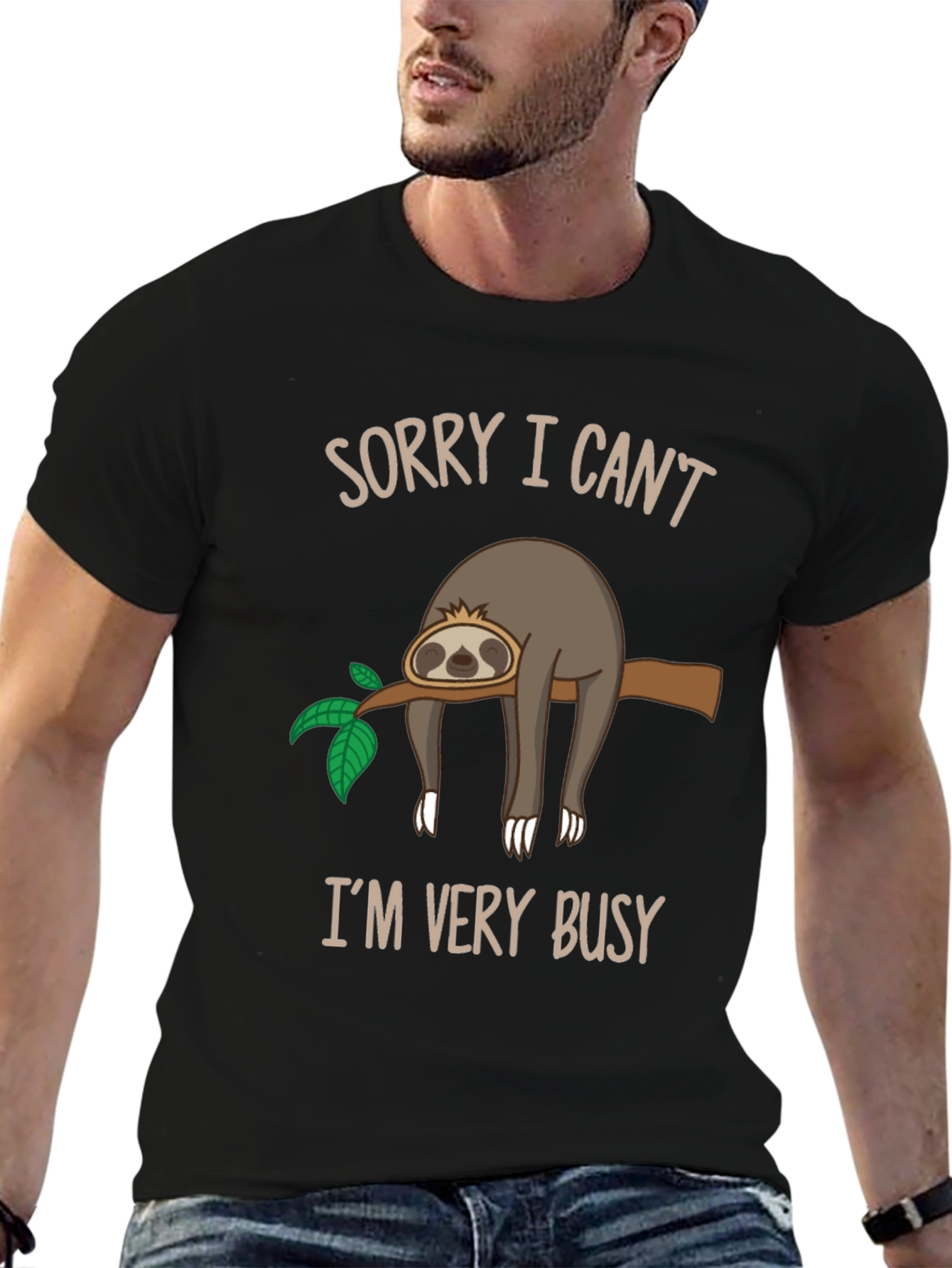 Black Funny Sloth Graphic T-Shirt - Sorry I Can't, I'm Very Busy view 6