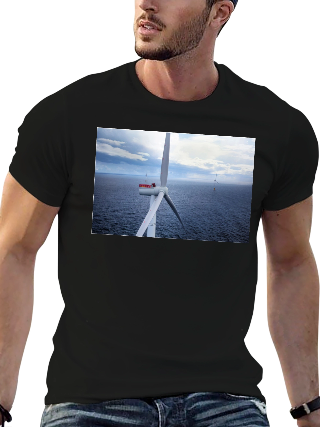 Black Wind Turbine Ocean Graphic T-Shirt view 6