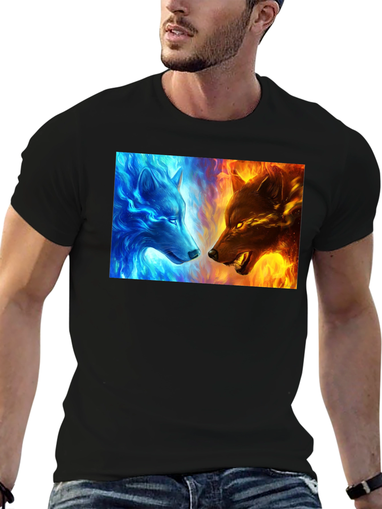 Black Fire and Ice Wolf Graphic Tee - Cool Men's T-Shirt view 6