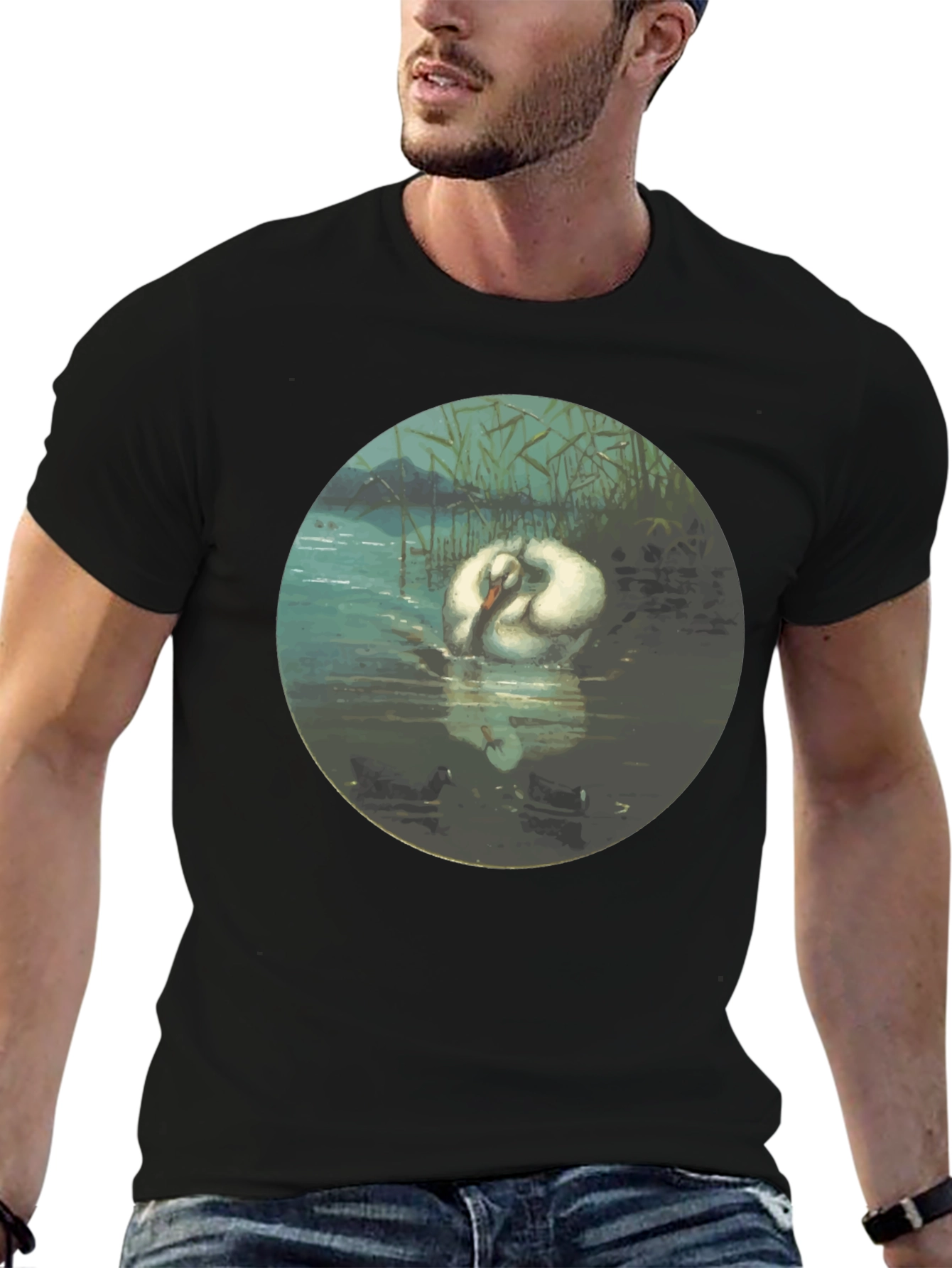 Black Swan Art T-Shirt - Elegant Aquatic Bird Design view 6