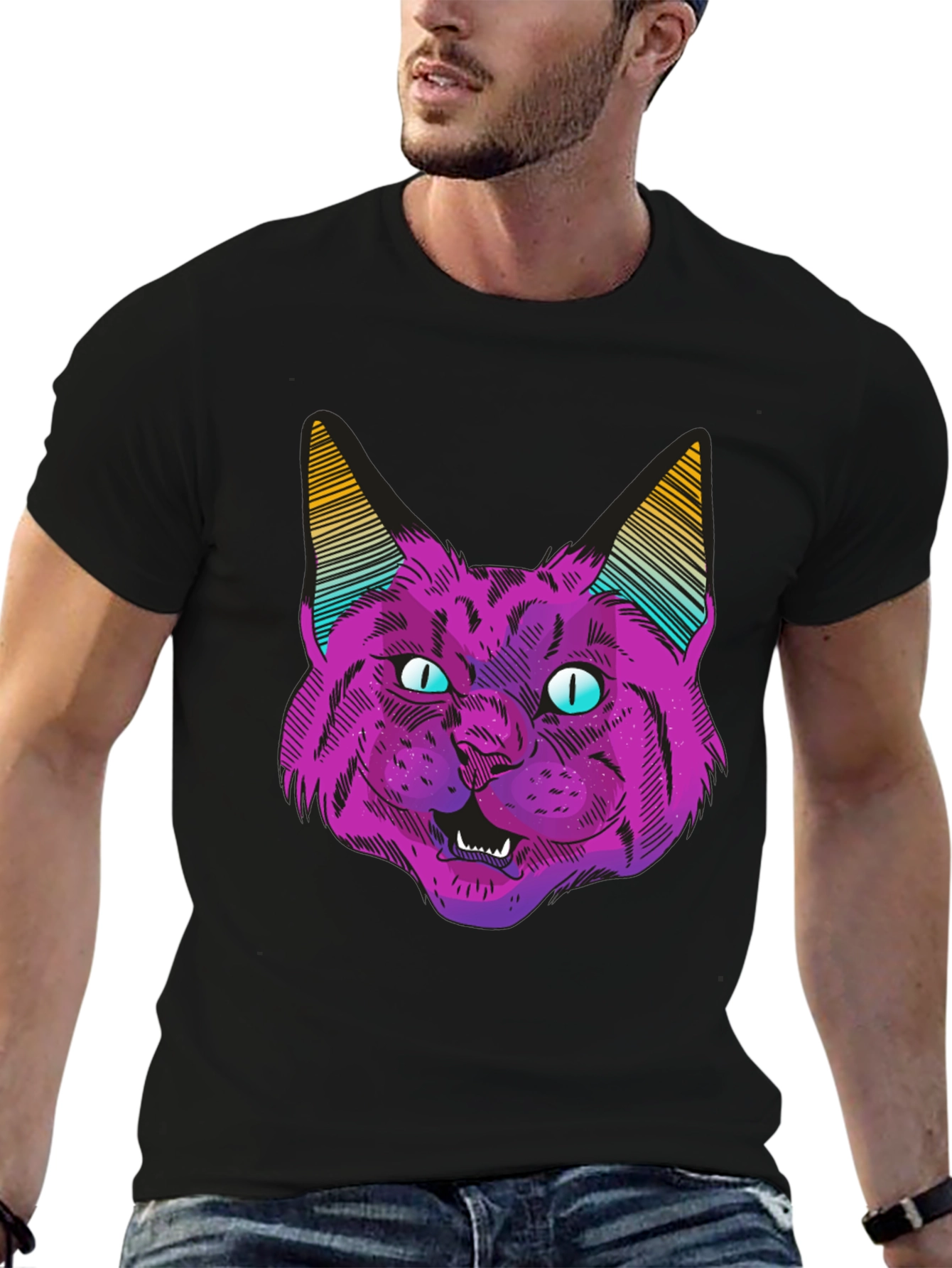 Black Psychedelic Cat Graphic T-Shirt view 6