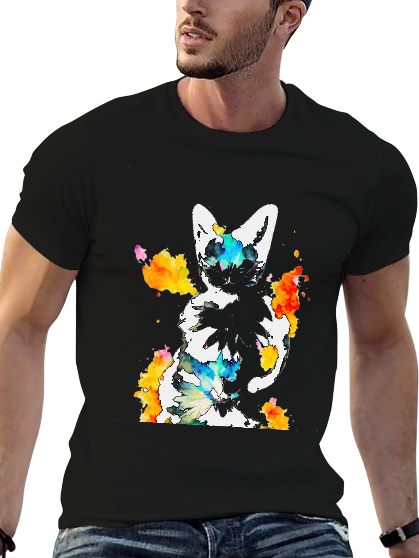 Black Watercolor Cat Print Black T-Shirt view 6