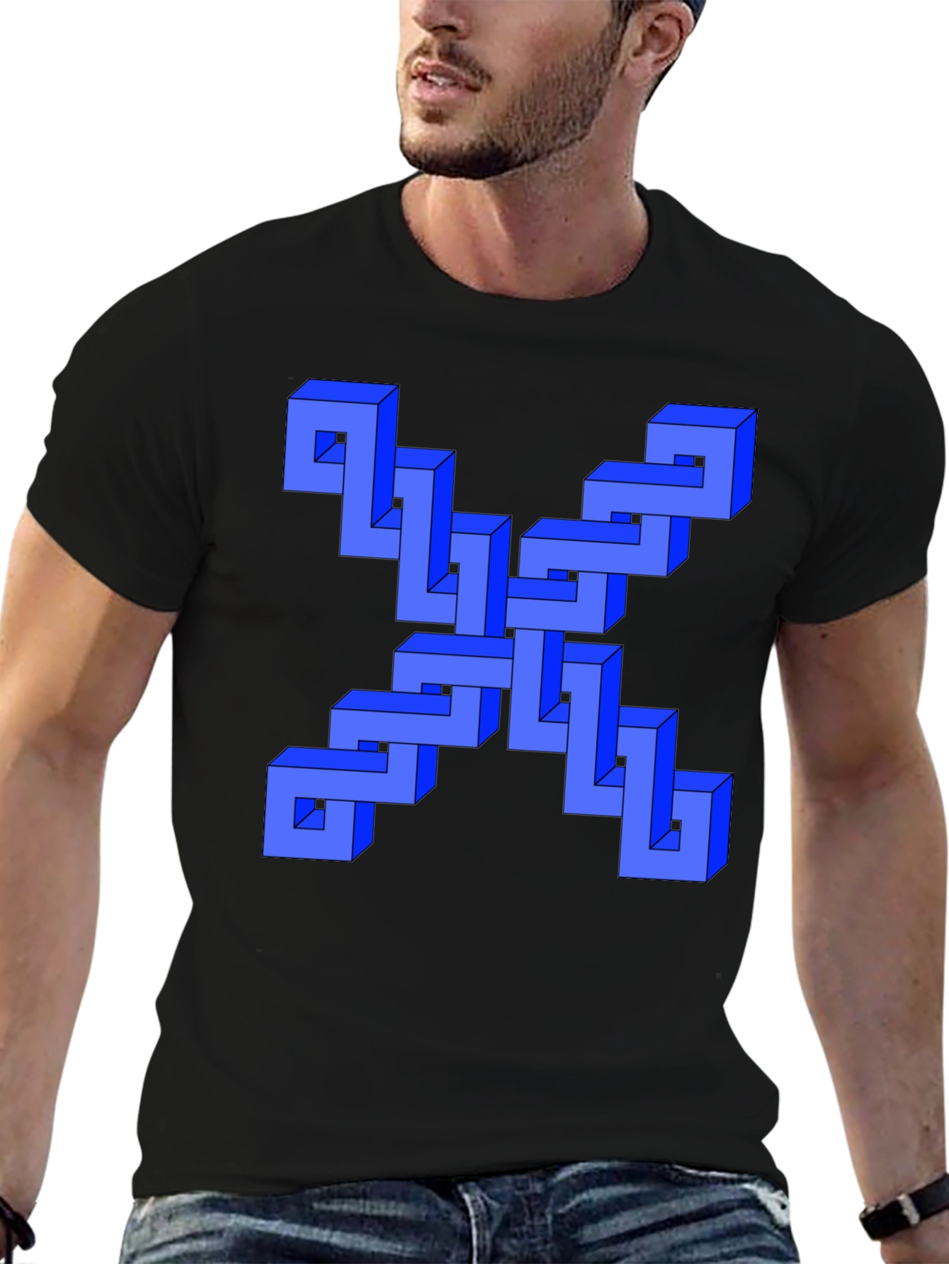 Black Optical Illusion Blue Cube Design Black T-Shirt view 6