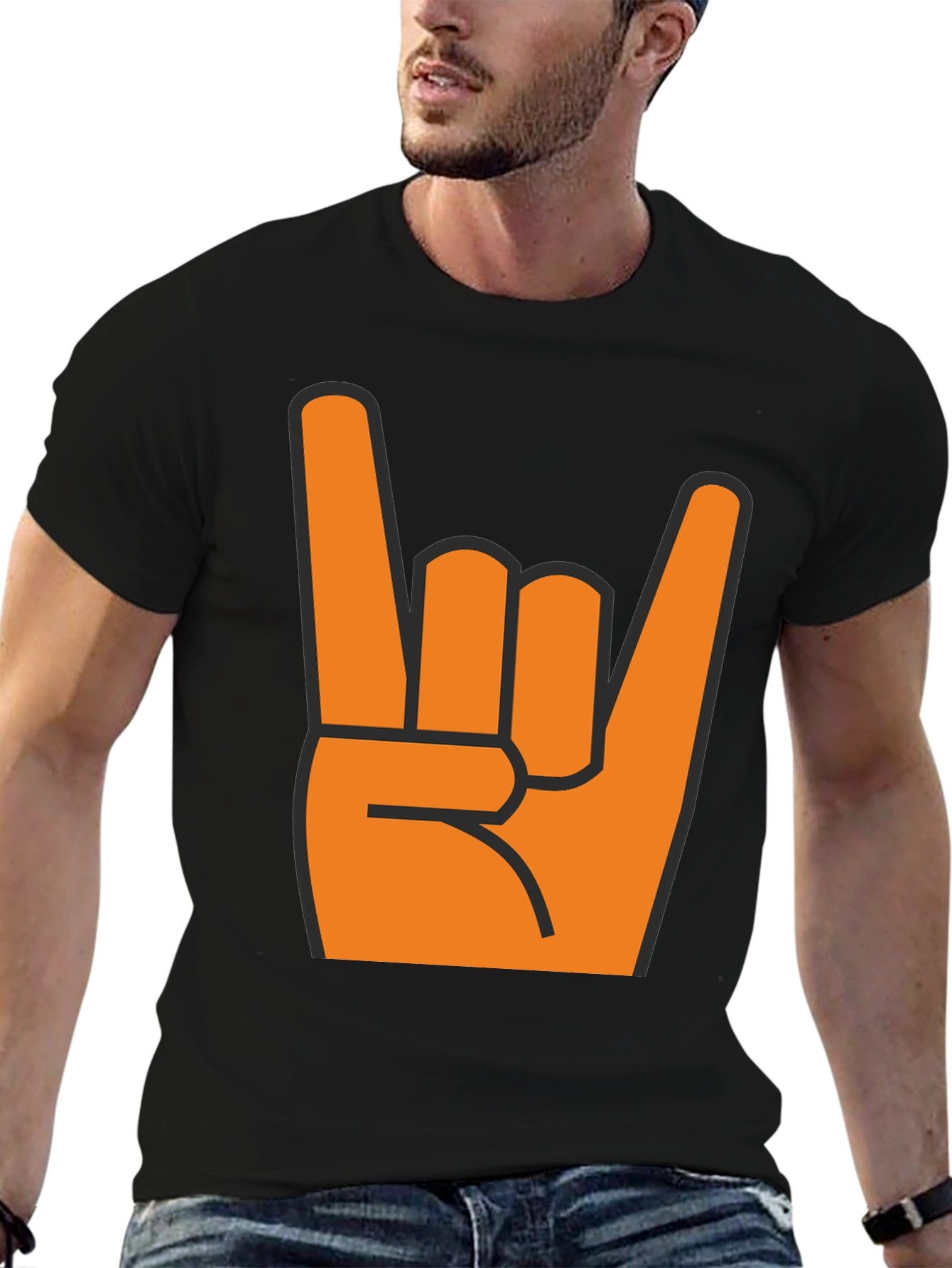 Black Rock On T-Shirt - Bold Orange Hand Graphic view 6